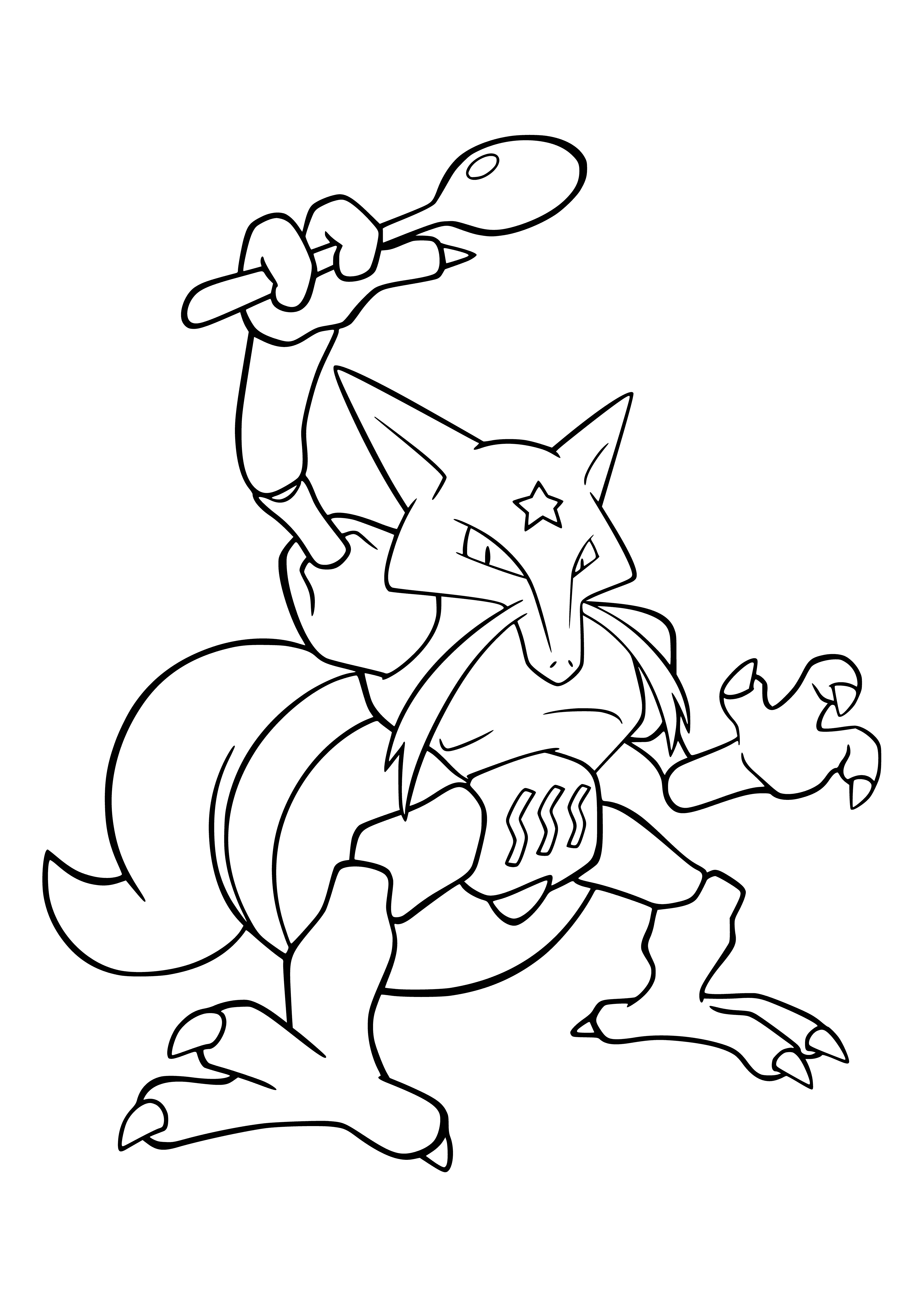 coloring page: Kadabra is a Psychic-type Pokémon with yellow and brown body, long neck and limbs, short mustache and long hair. On its forehead is an orange pattern.