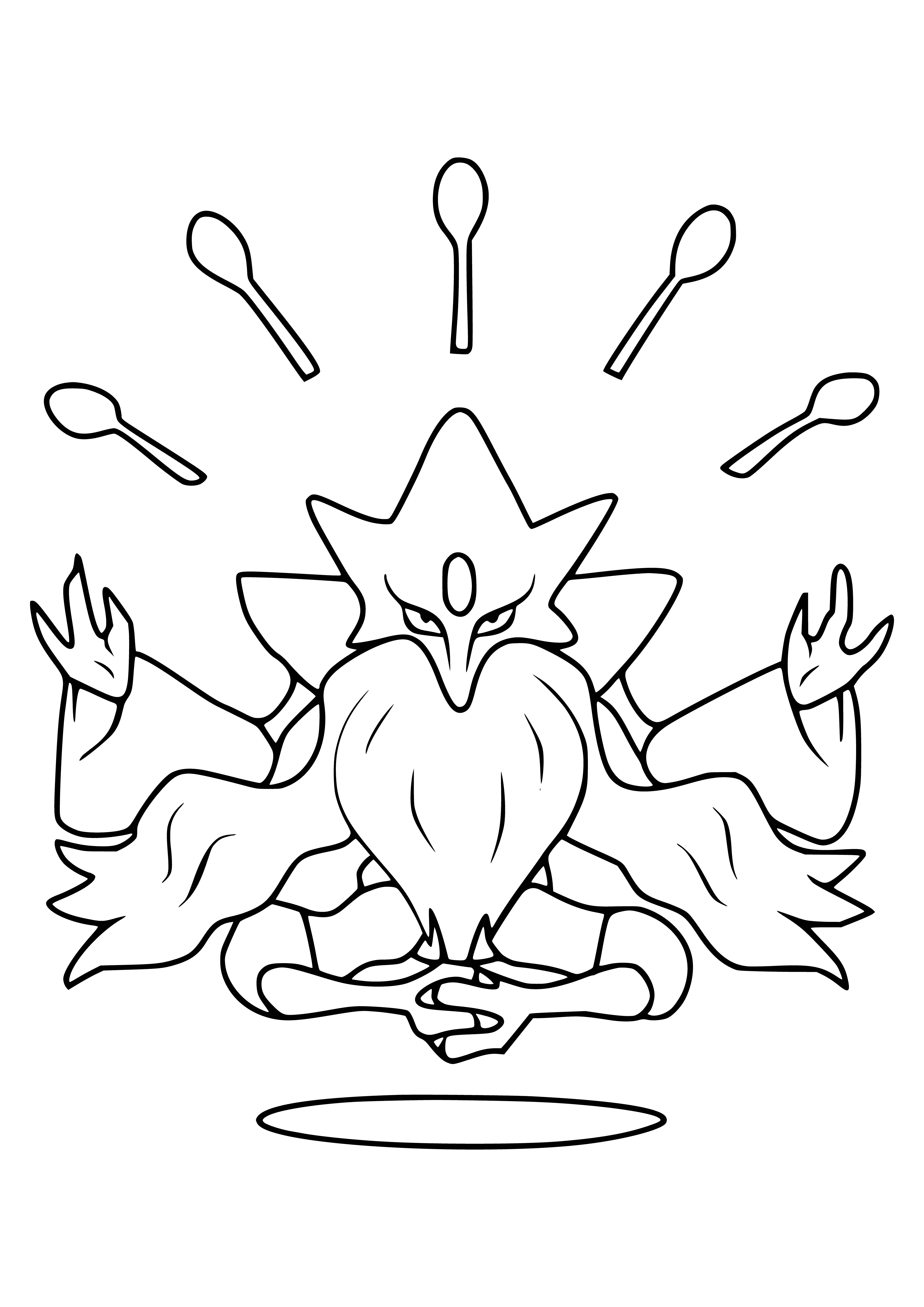 coloring page: Alakazam's massive brain levitates its head, rarely seen outside its Poké Ball. Mega Alakazam's brain is supported by four spoons on its head.