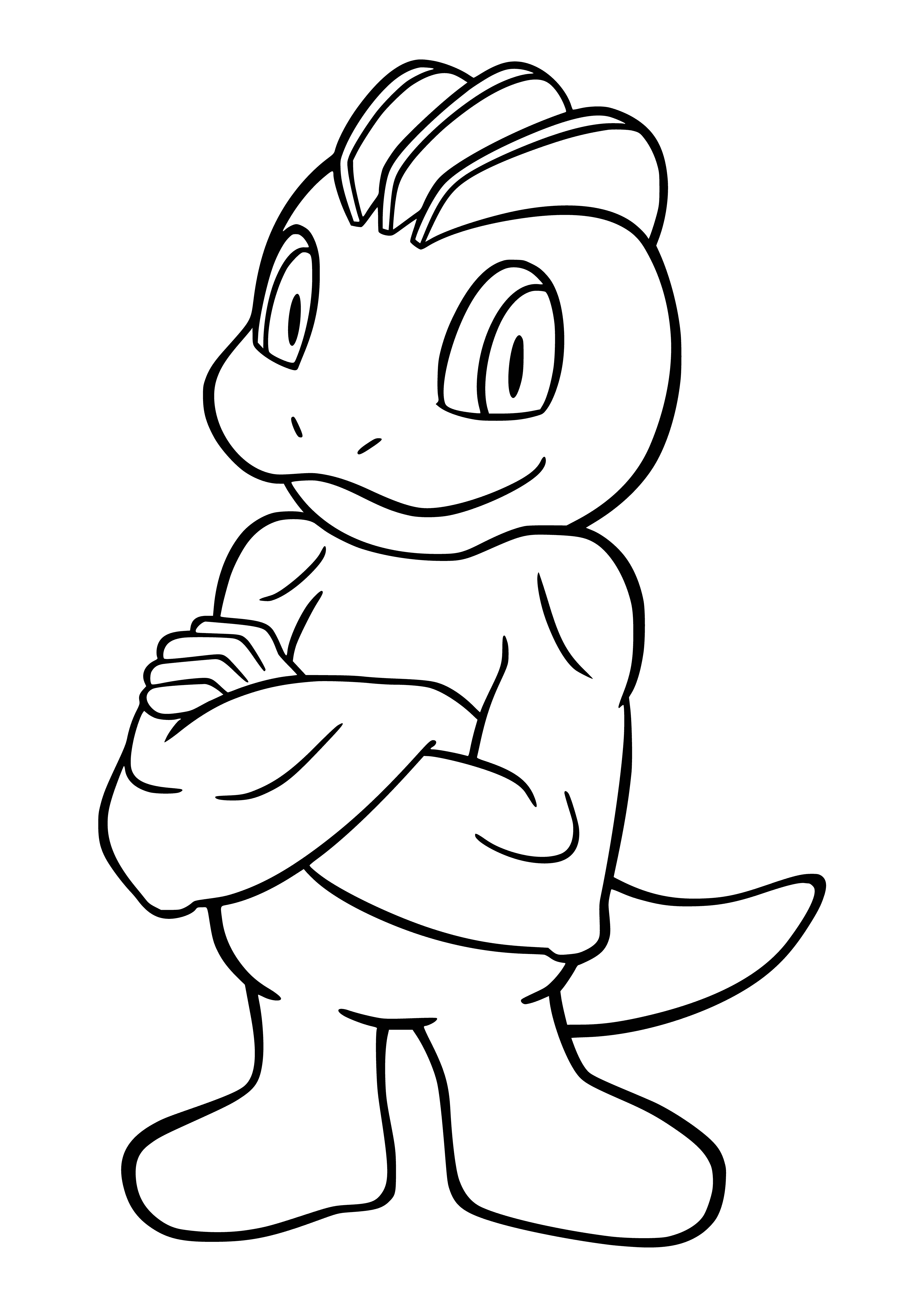 coloring page: Small blue humanoid Pokemon Machop has two red horns, four red triangle markings, muscular arms with three red fingers, and a brown tail.