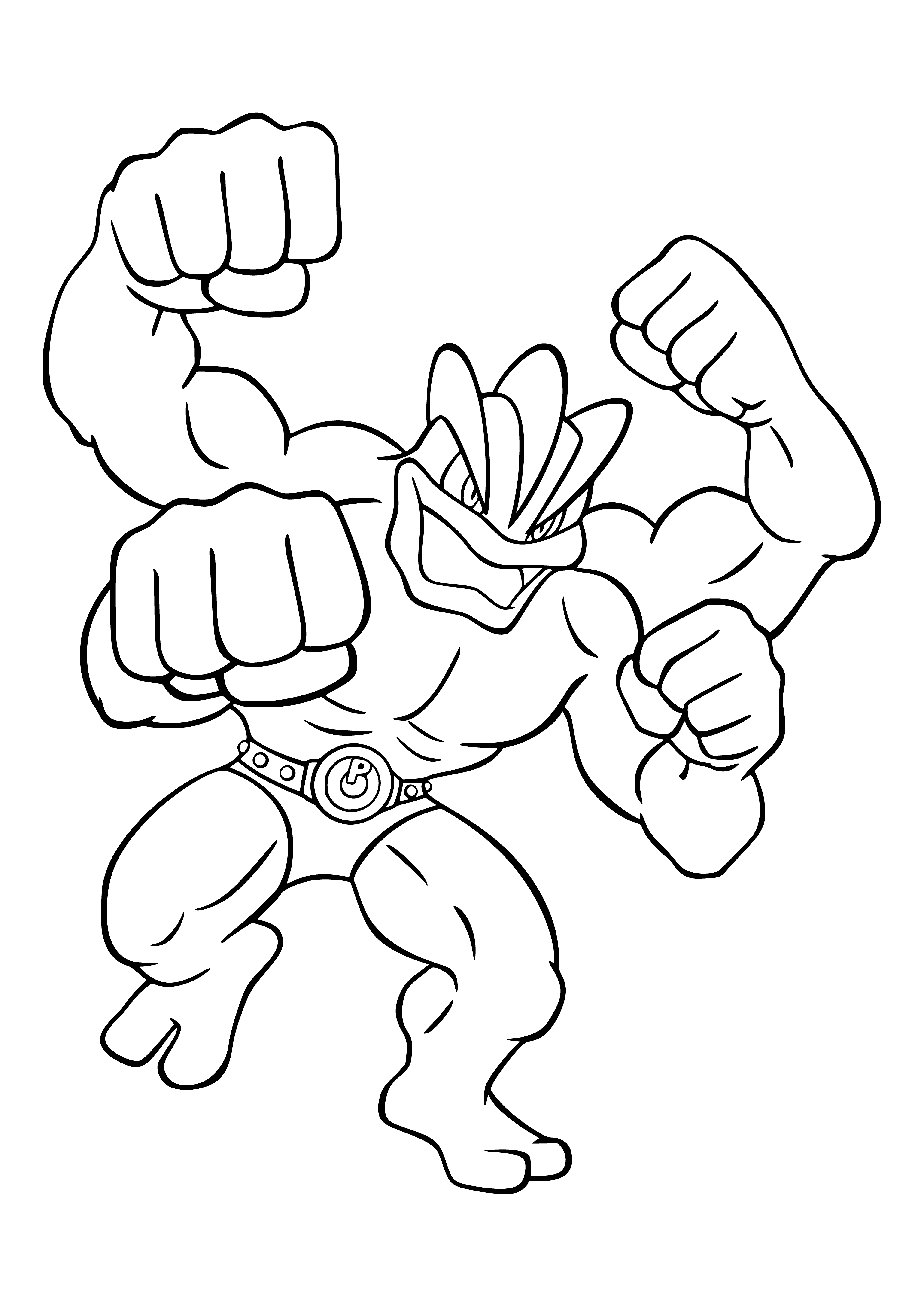 coloring page: A large, muscular four-armed Pokémon with tan body and swirled pattern on chest and brown ridge down back. Small head with beady eyes and wide mouth.