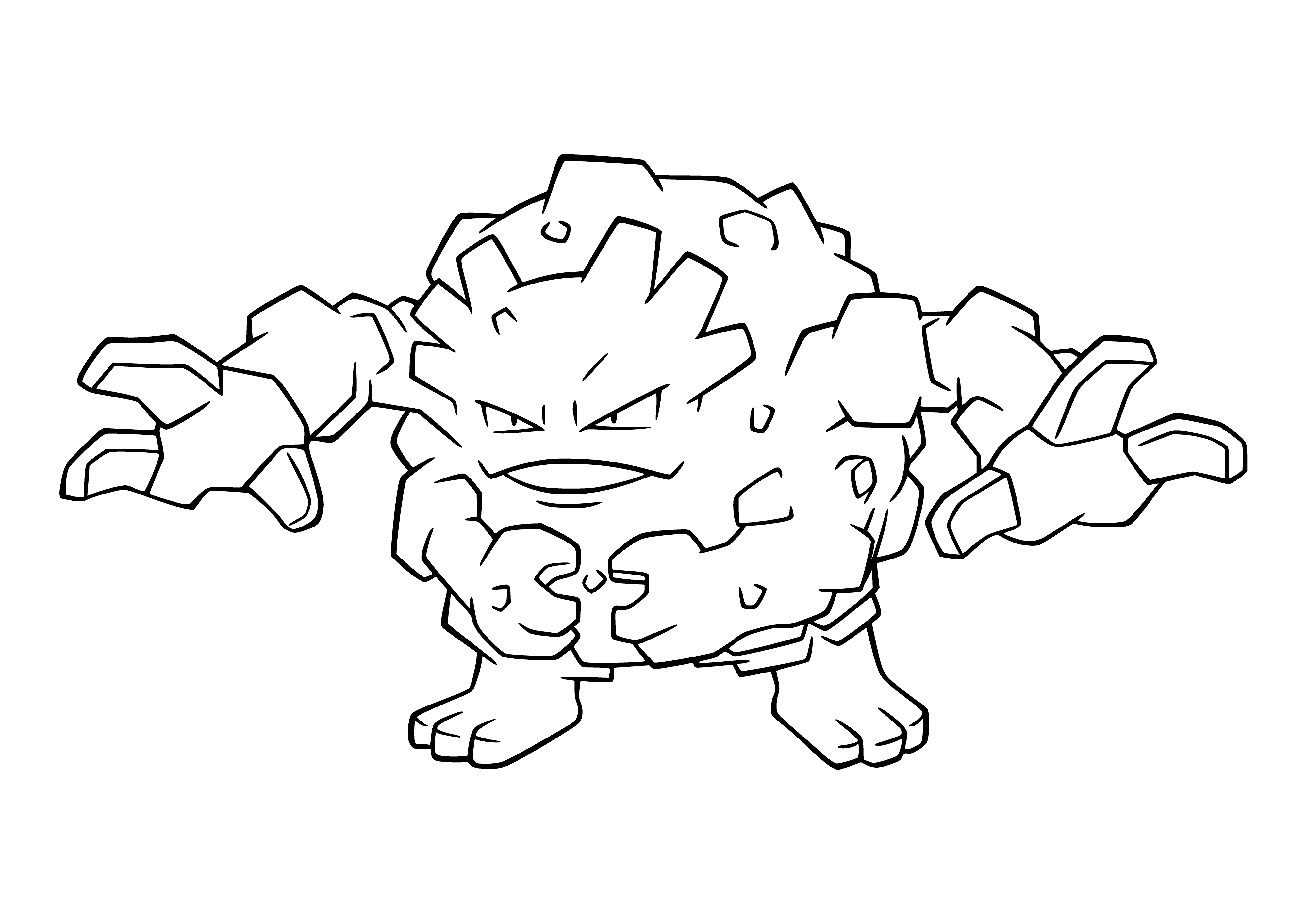 coloring page: Rock-type Pokémon Graveler evolves from Geodude, is mostly round with four stubby legs and has two large red horns and a black diamond pattern on its back.