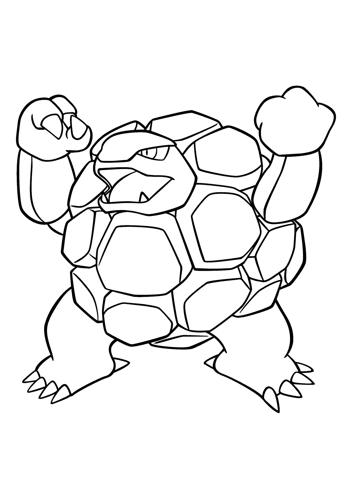 coloring page: Large, bulky Rock-type Pokémon w/orange & gray body, black diamond on chest, black horns, small red eyes, 2 large teeth, grey tongue, and 3 black claws on hands & feet.