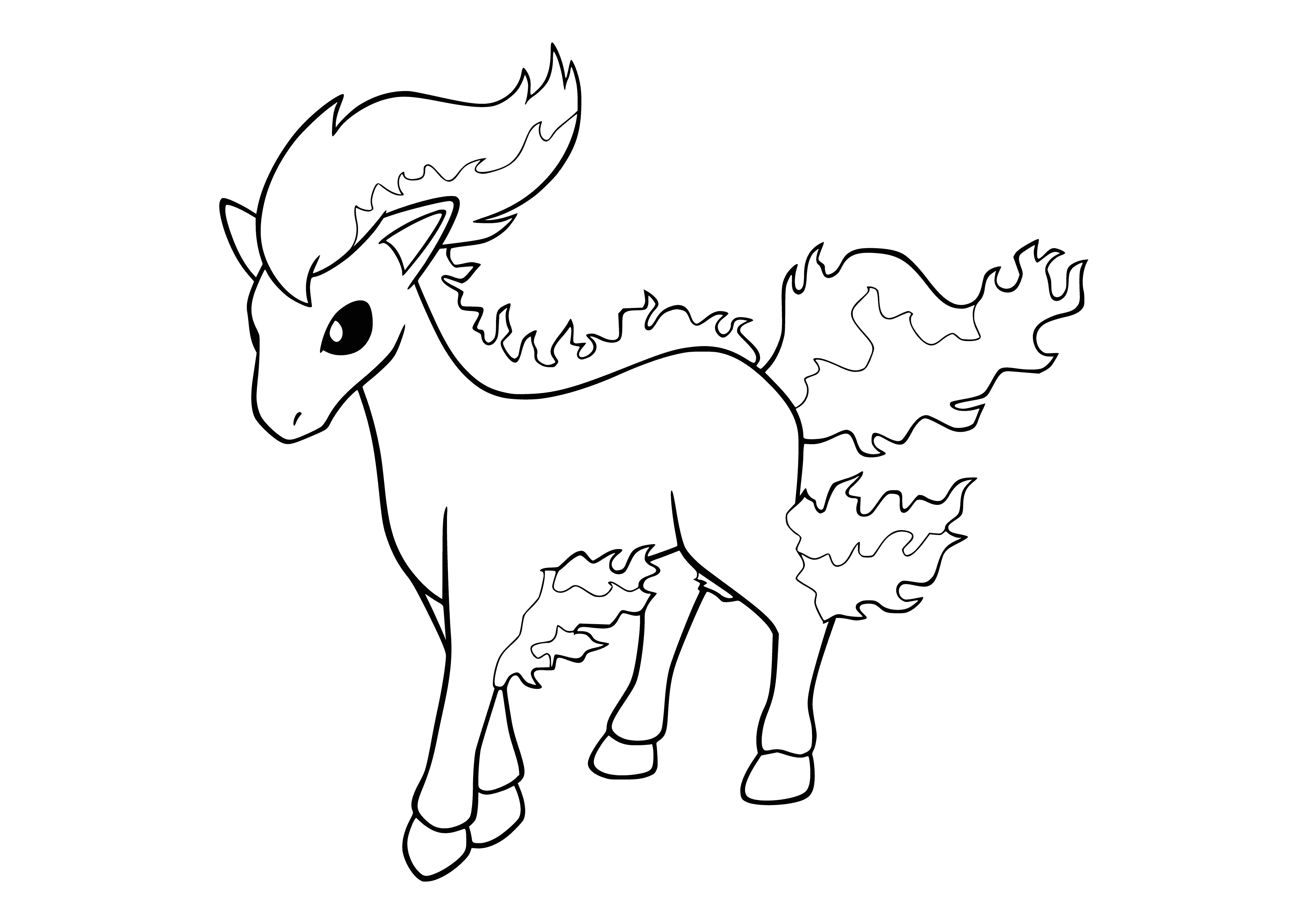 coloring page: Ponyta is a small pony with a fiery mane & tail; normally docile, it can become wild when faced w/ a strong opponent; when it gallops, it sets the ground ablaze.