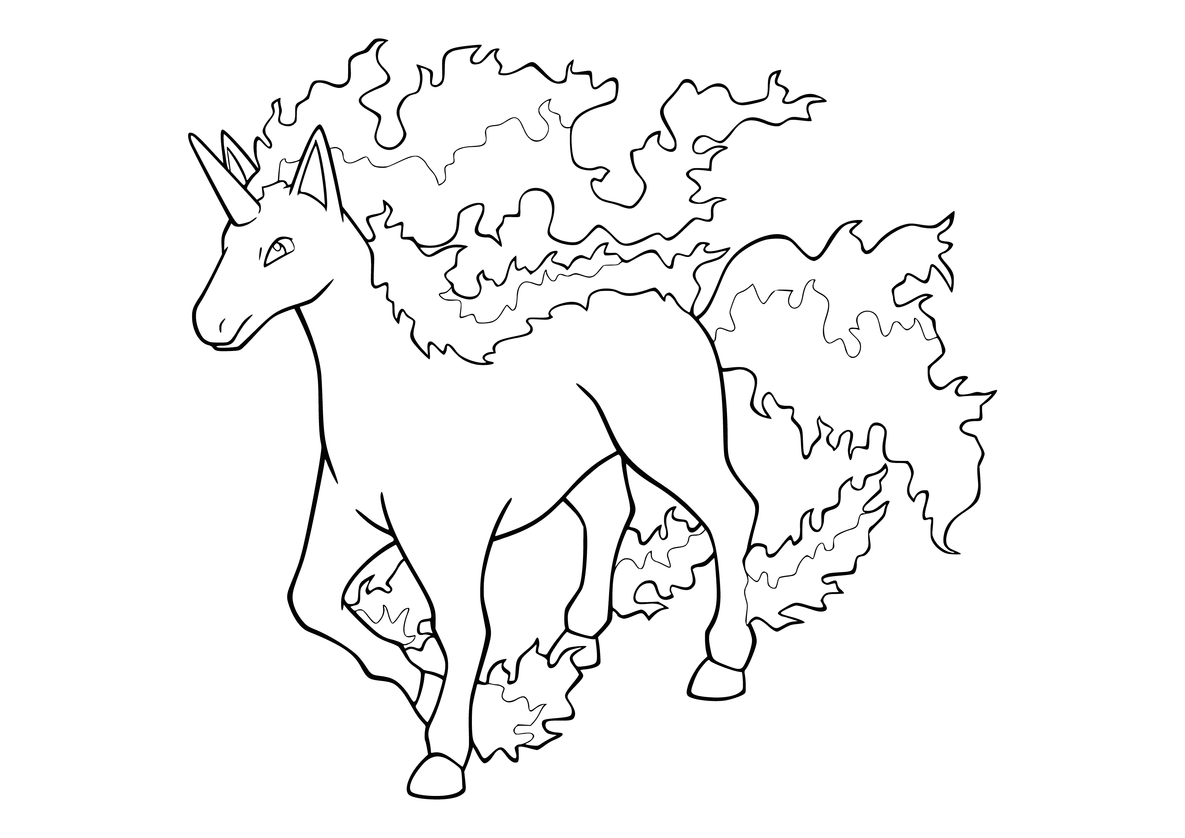 coloring page: A bright red horse with a single, spiraling horn. It's fast, with a long mane and tail. A mythical Pokemon with amazing speed!