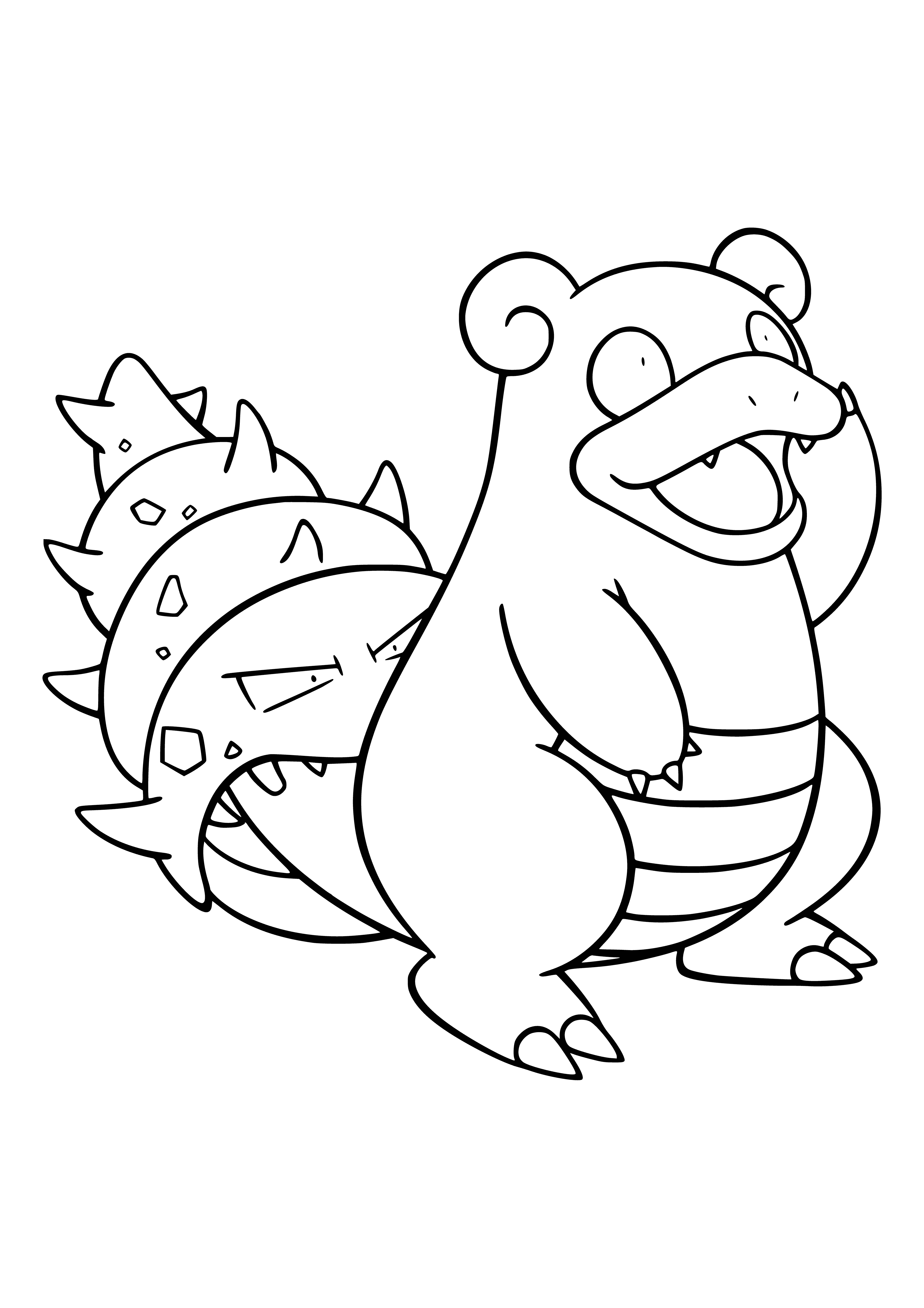 coloring page: A dolphin-like Pokémon with a blue and white body and large pink flower on its head plus a small pink tail.