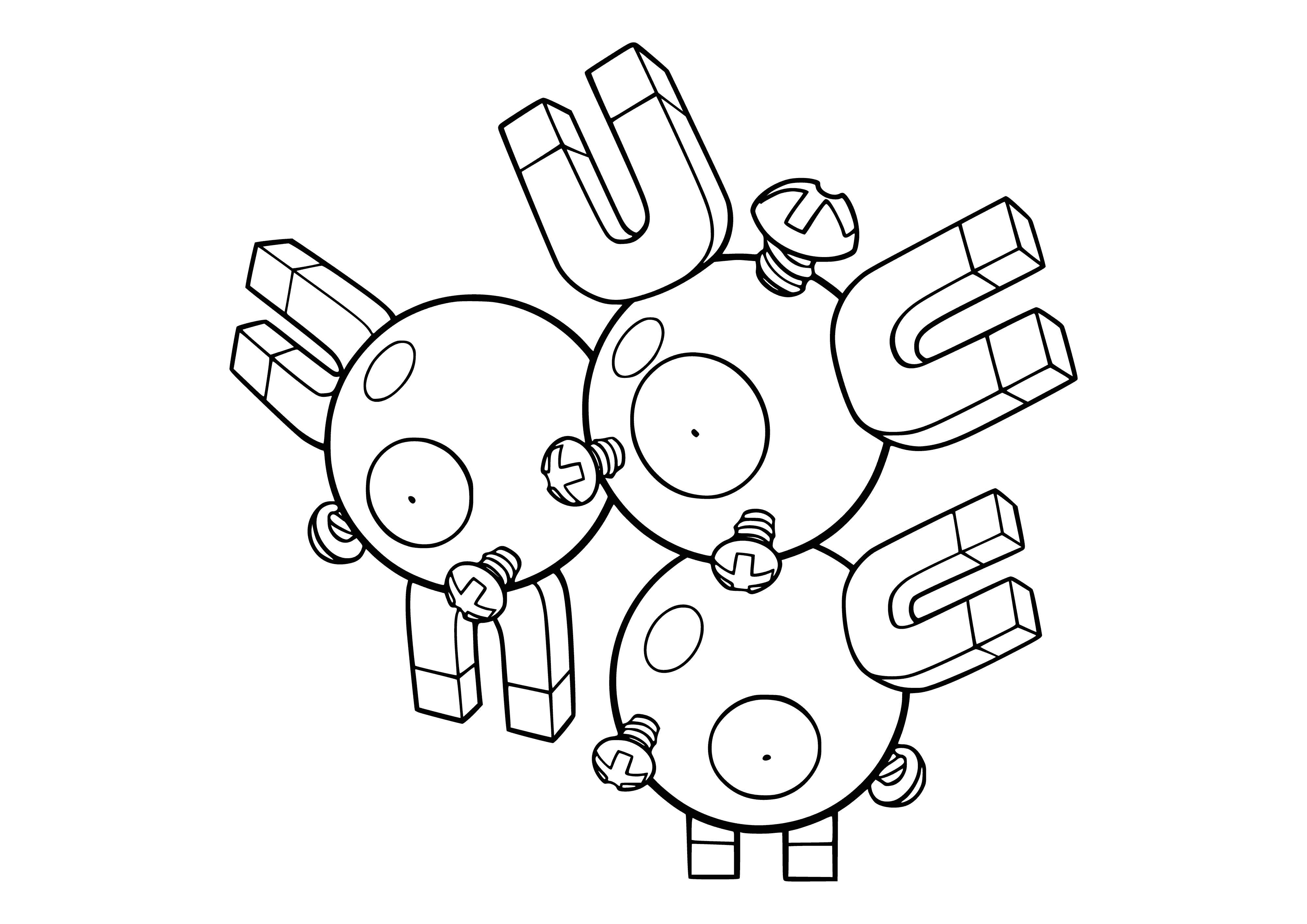 coloring page: Magneton is a spherical robotic Pokémon formed by three Magnemite linked by a strong electromagnetic field. It can fly & generate powerful electric fields.