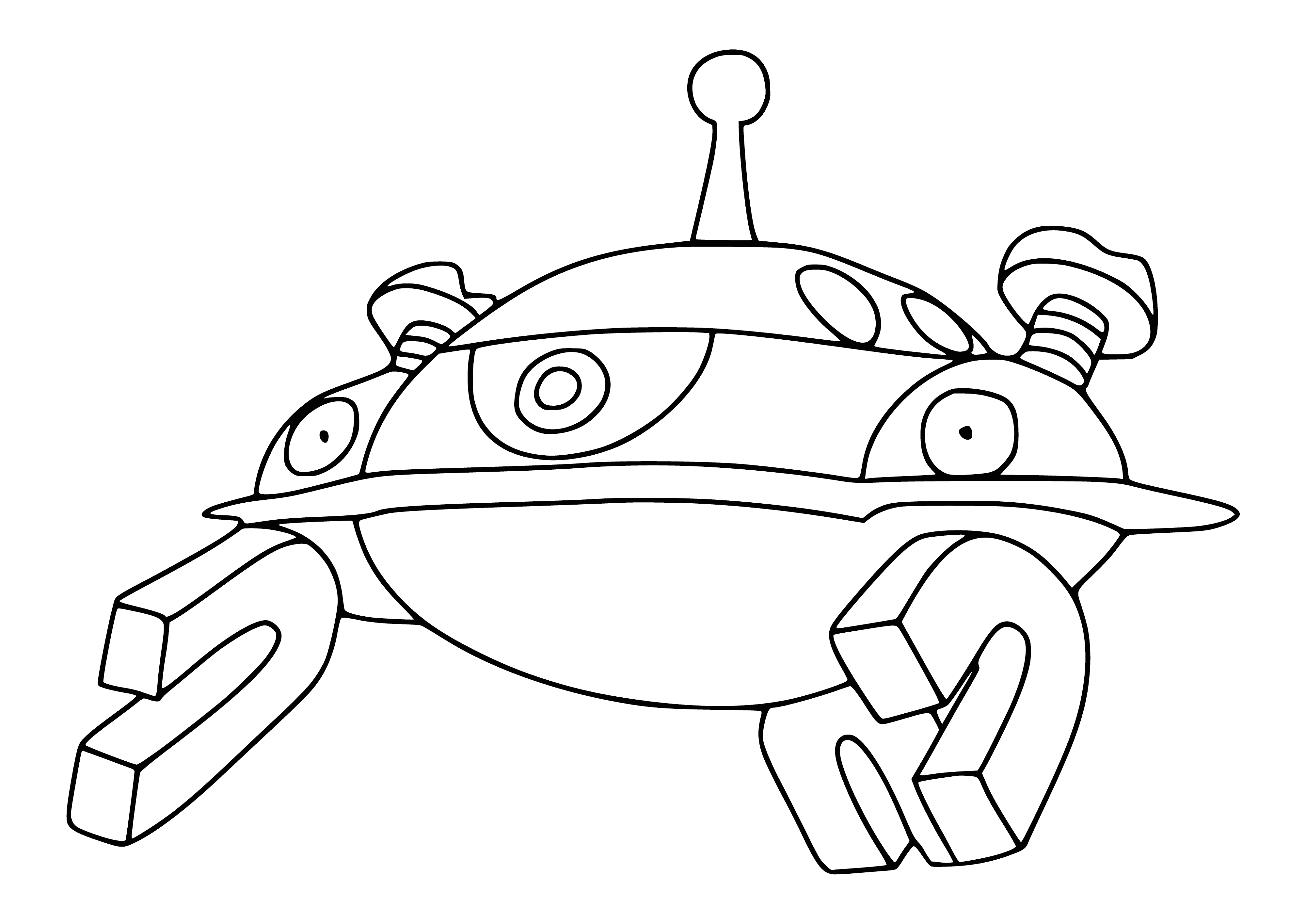 coloring page: Magnezone evolves from Magnemite, is metal-looking & has round head, beak, triangular ears & 3 red spots.