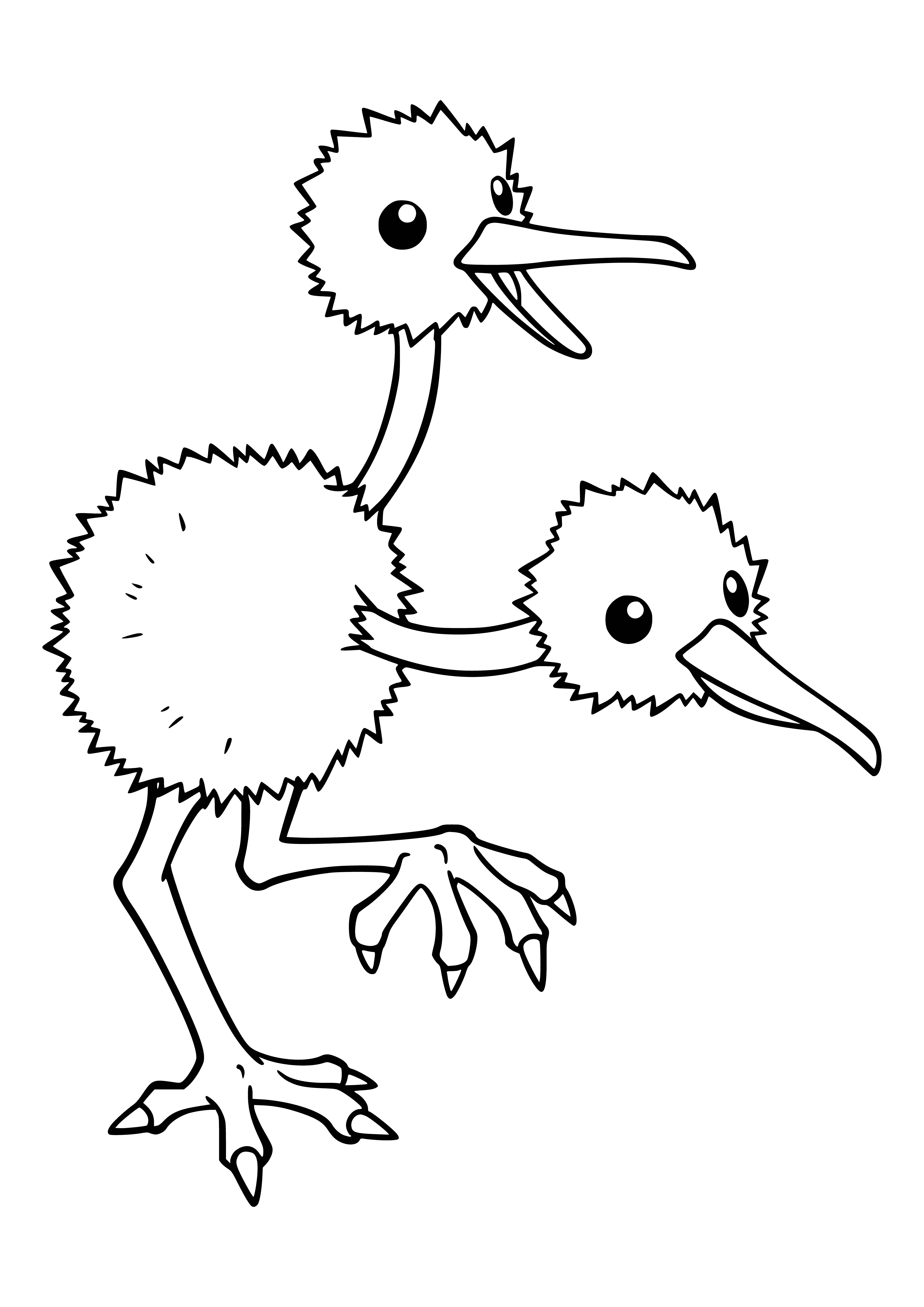 coloring page: Tall and thin bird Pokémon with two long necks, black body, white wings and tail, red head and yellow beak; two long legs, three toes each.