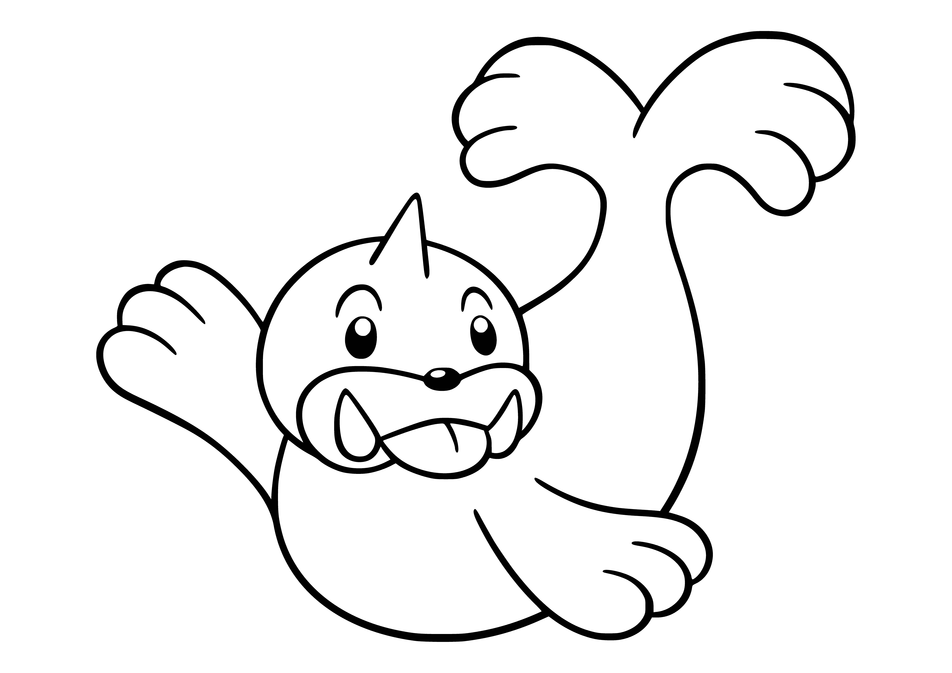 coloring page: Seel: seal-like Pkmn w/ blue body & white belly; round head, black eyes, white oval; black triangular nose & white mouth; two blue fins & white tail.