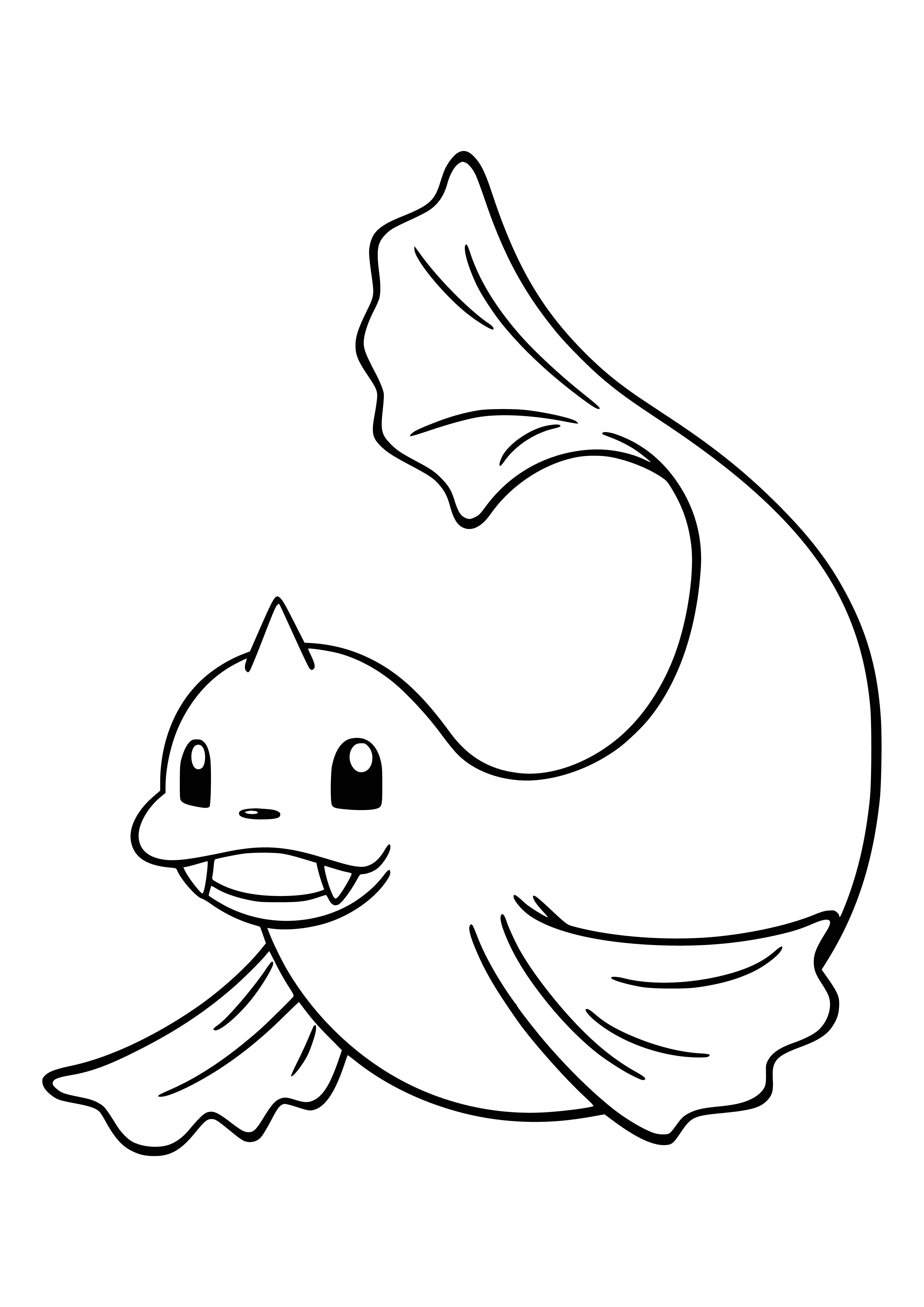 coloring page: Large orange & white Pokémon with curved body, black eyes & small fins. Open mouth shows small teeth.