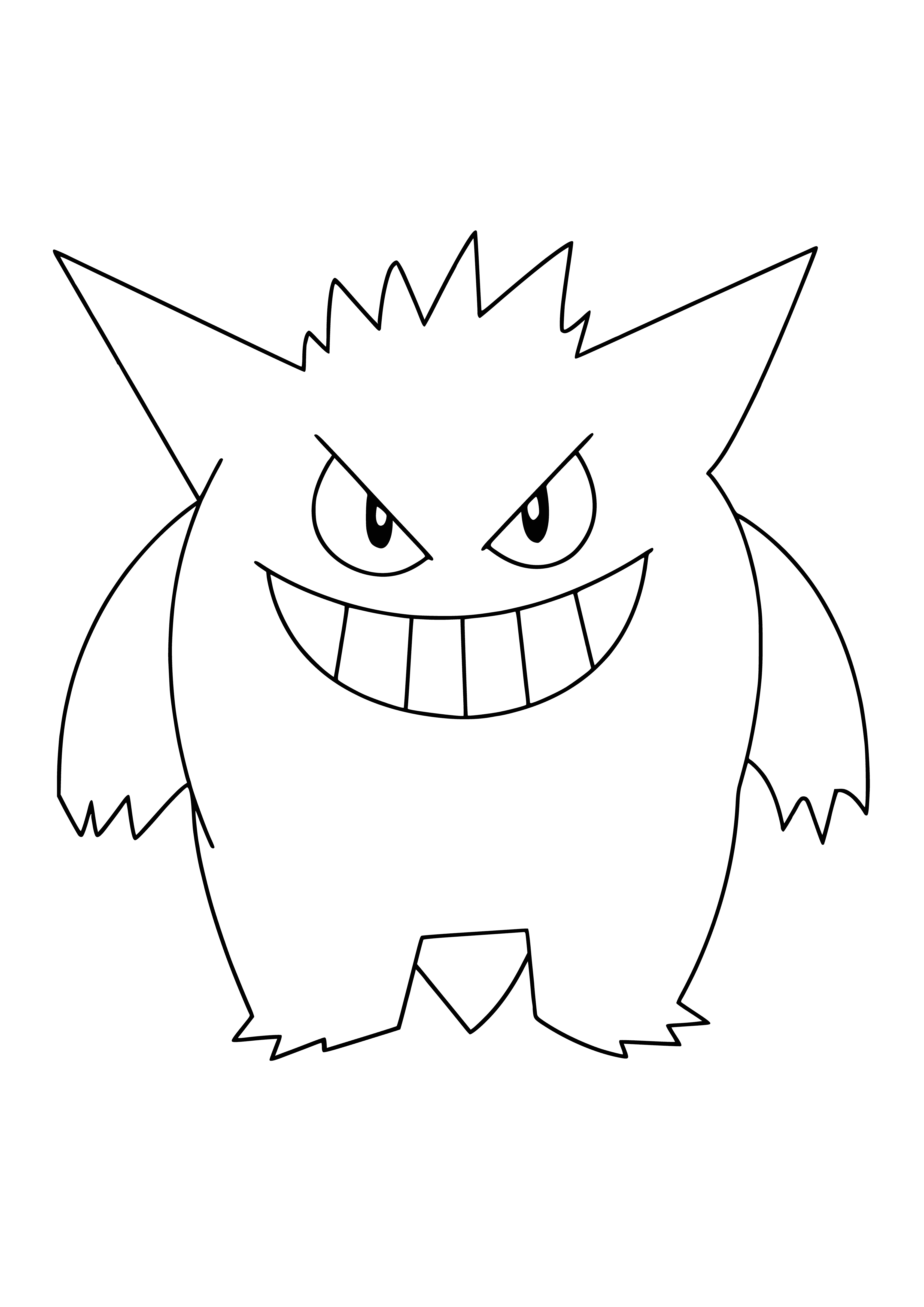 coloring page: Black, amorphous Pokémon w/ red eyes, wide mouth, jagged teeth, & 3 claws on each hand.