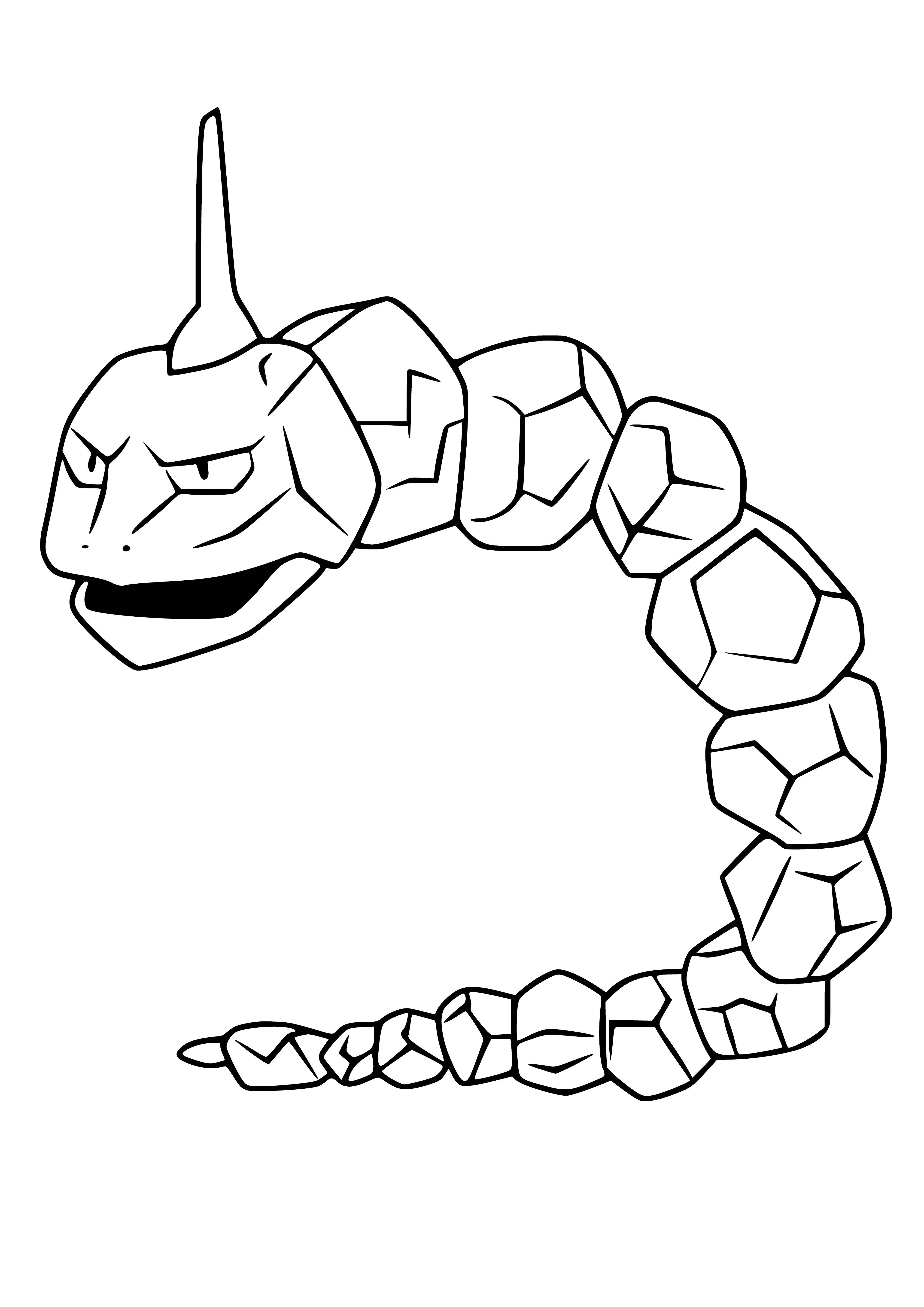 coloring page: Onyx, rock type Pokémon: Hard black stone body, red eyes, long thin tail. Strong and often used in battle. Can evolve into Steelix for greater power.