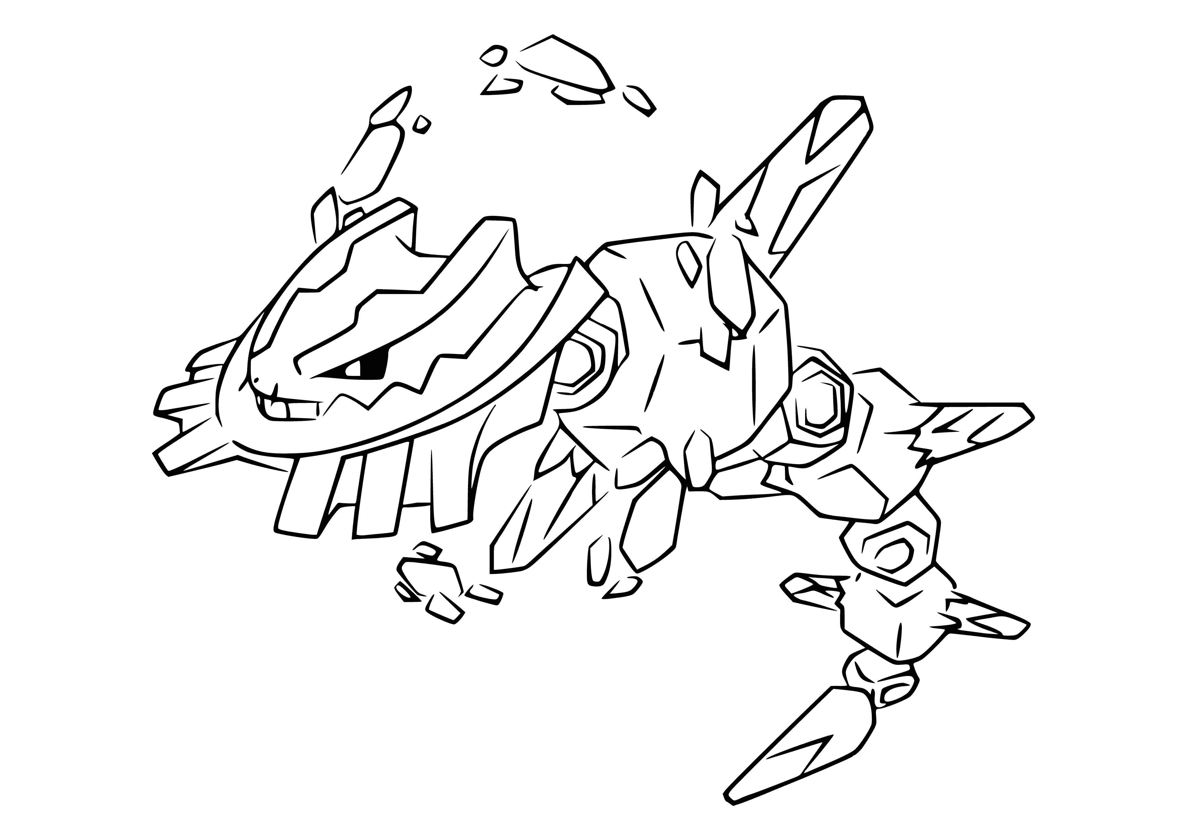 coloring page: Steelix is a Ground/Steel-type Pokemon with a long, thick body, red tail, red armor & white fangs. It weighs over 1 ton & can be found in caves & mountainous areas.