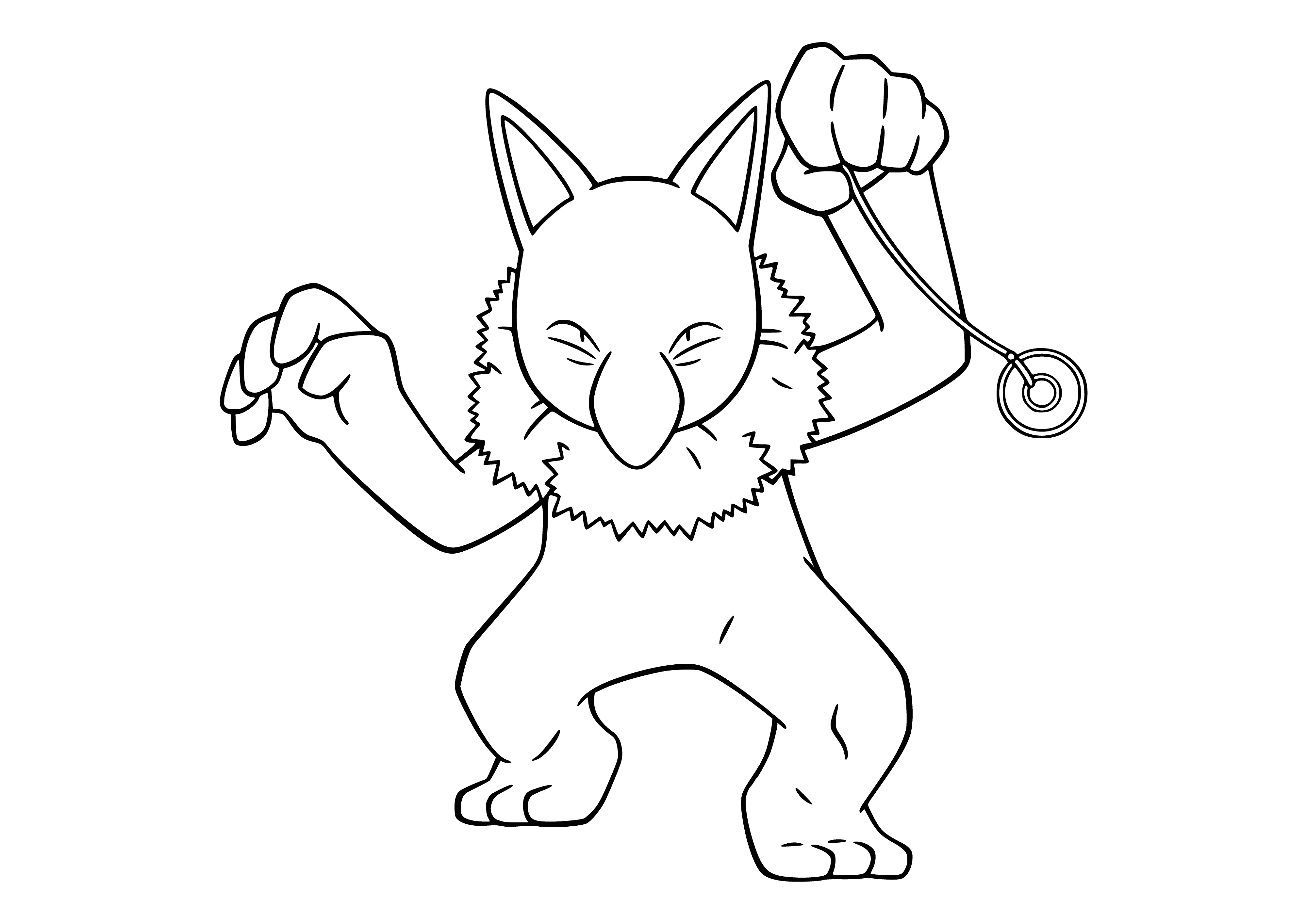 coloring page: Tall and thin Pokemon with long neck, large head, small mouth, and yellow eyes. Has 3 spots and black hands/feet. Tail ends in black, 4-pointed star.