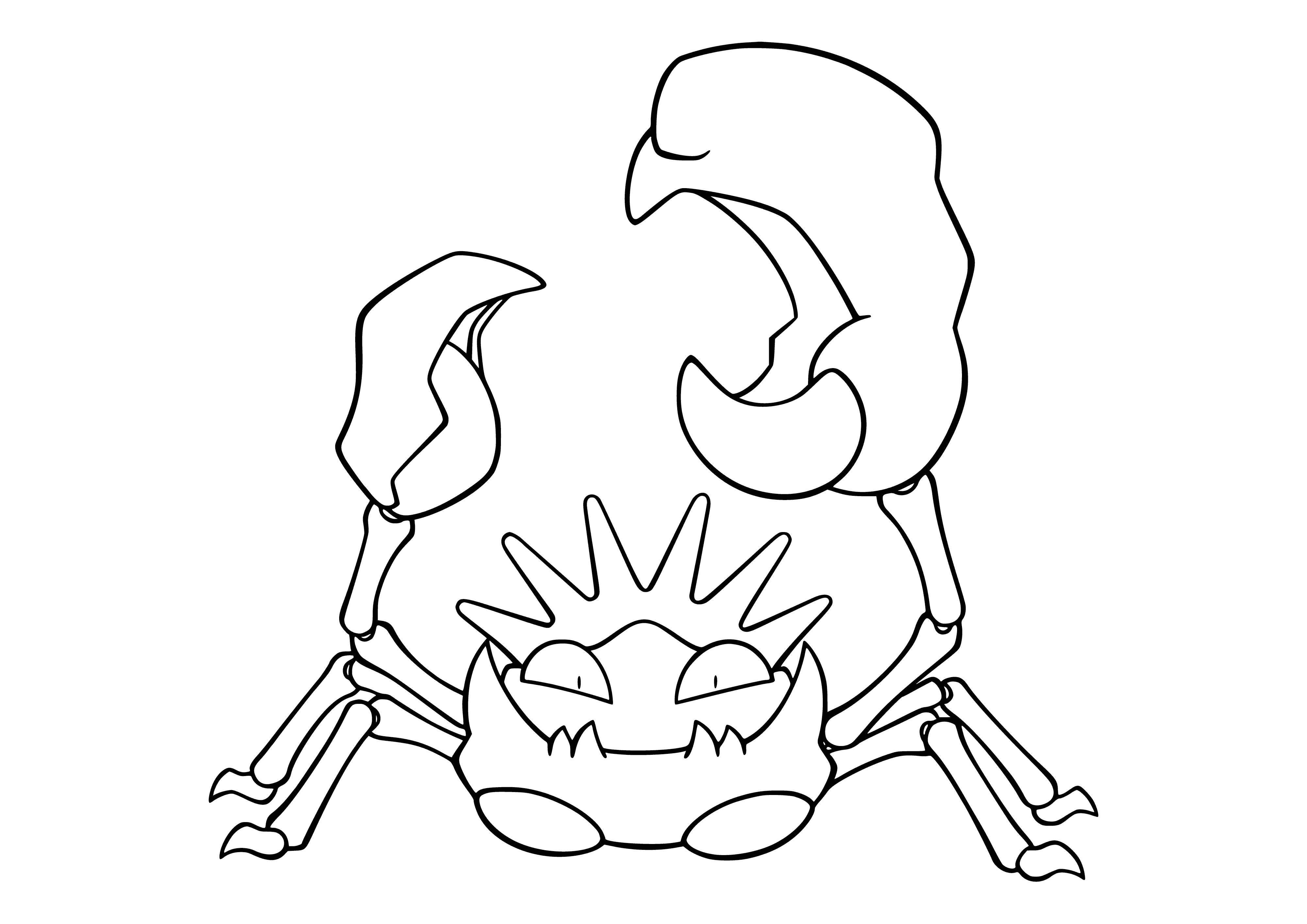 coloring page: Kingler is a lobster-like Pokémon w/ an orange carapace & powerful claws. It's got a large head w/ small eyes & a large mouth; its lower body is white w/orange stripes. Its claws are powerful, able to crush anything.