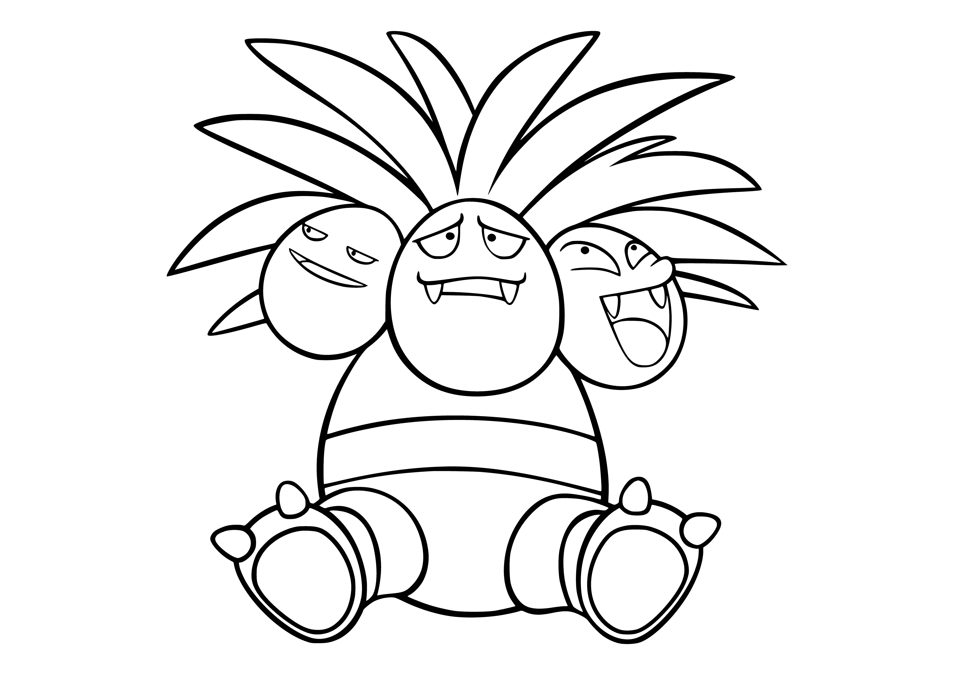 coloring page: A tall yellow creature with four heads, three eyes, sharp teeth, two long arms and two strong legs, Exeggutor has a long green tail with a brown flower.