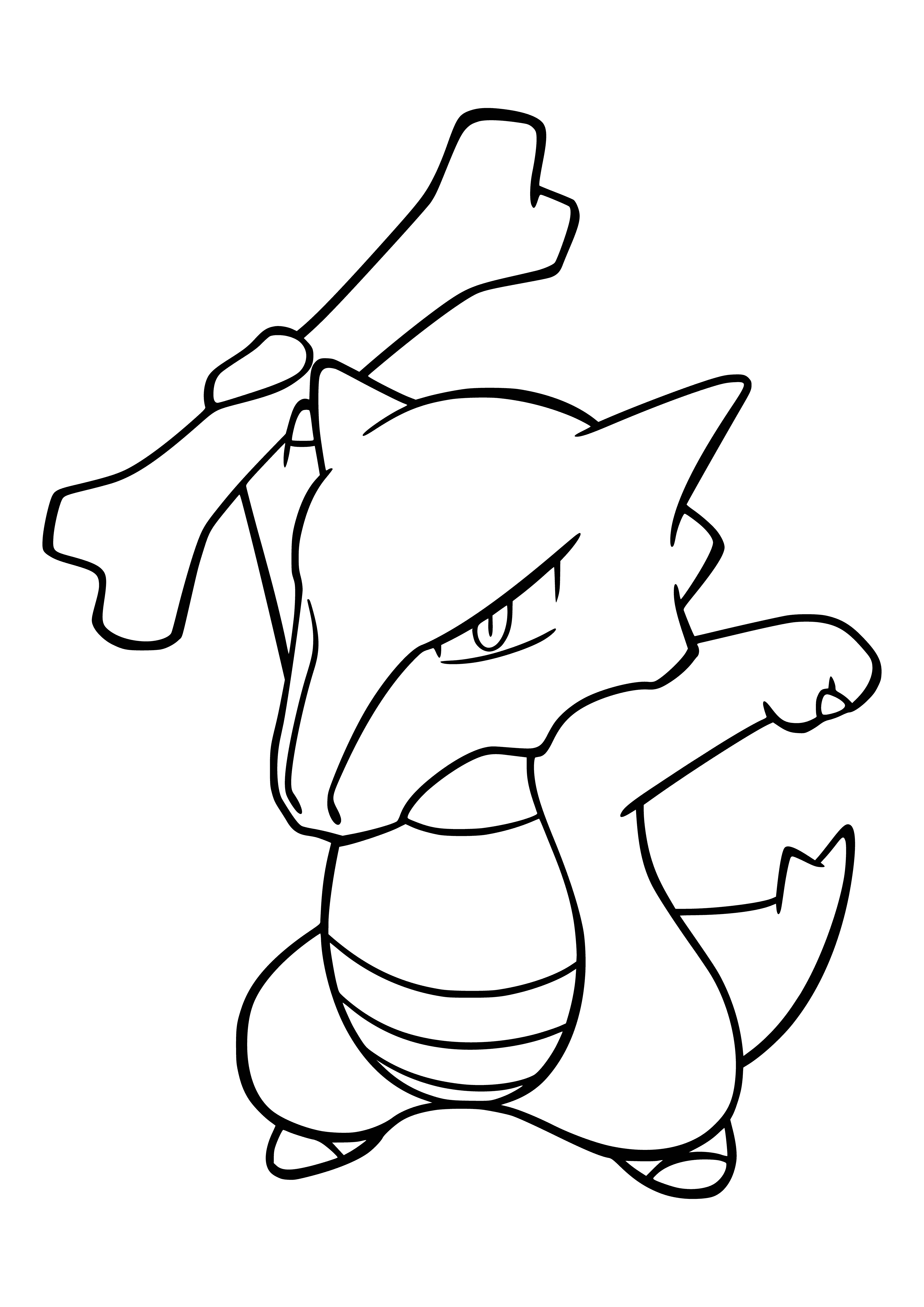 coloring page: Adorable Pokémon w/ brown fur, long tail, small head, black eyes, ears, mouth & toes; left hand holds white bone.