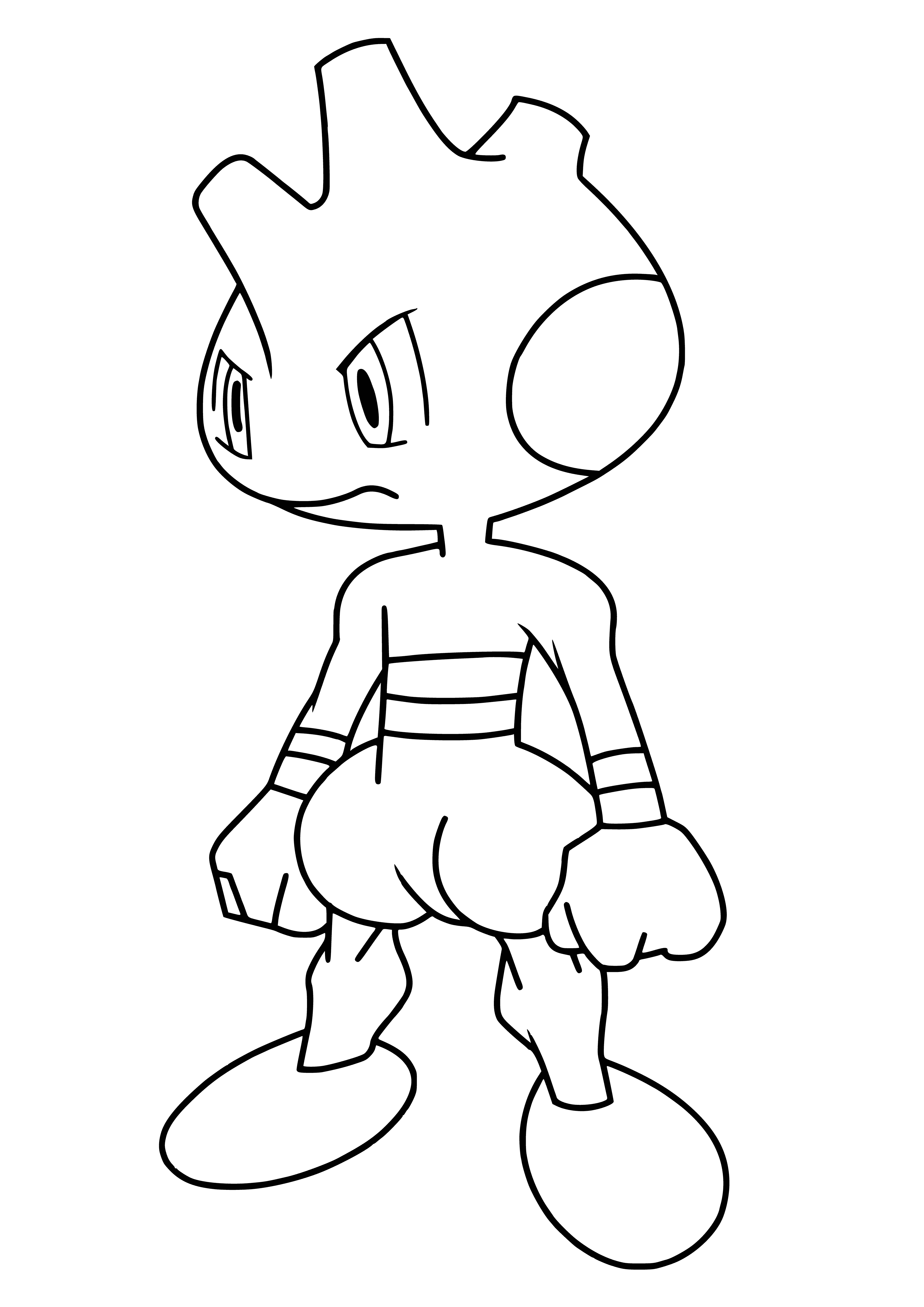 coloring page: Small brown humanoid Pokémon w/ black mask over eyes, horns, white gloves, boots & belt w/ black "buckle". Has short black tail.