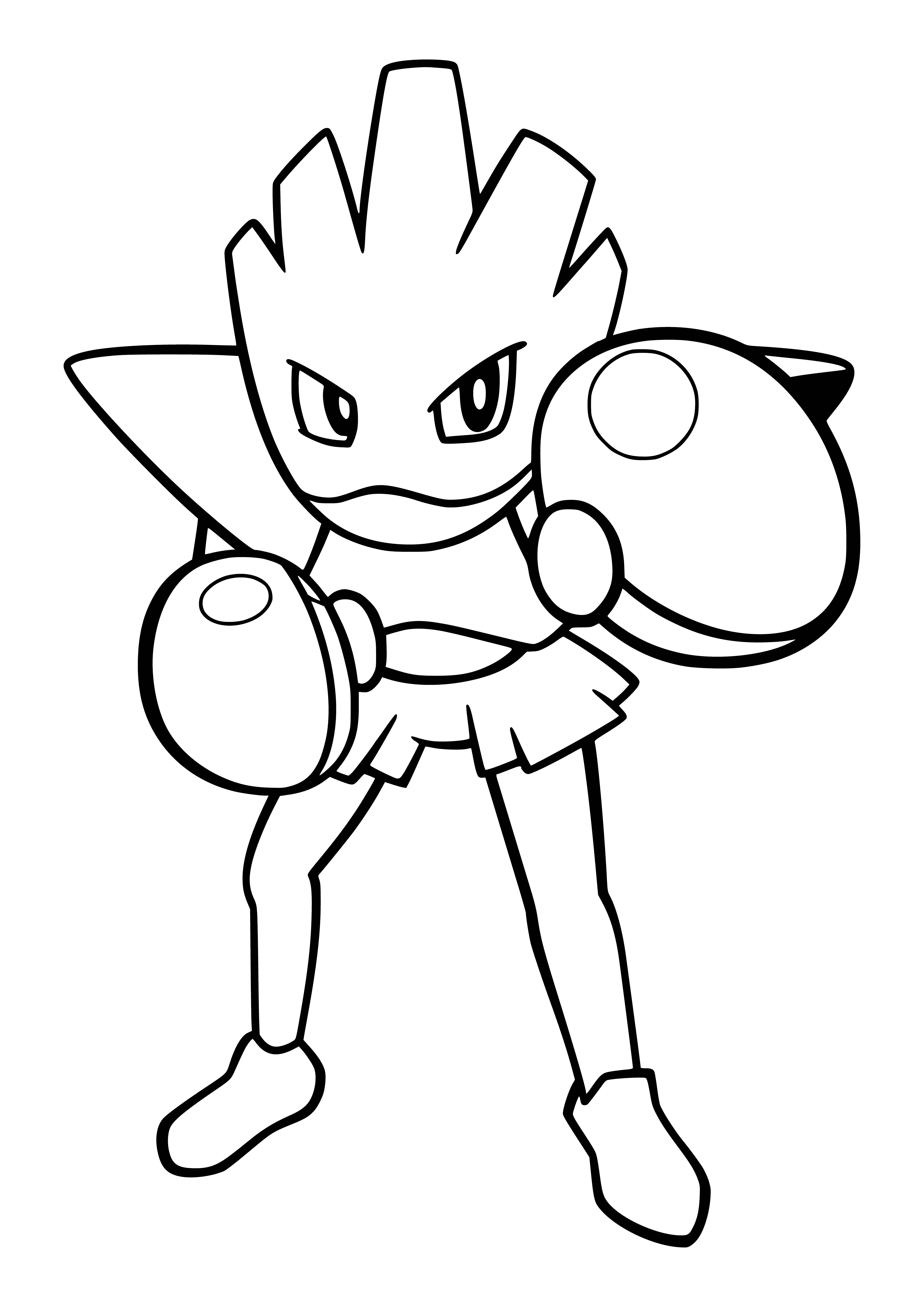 coloring page: A muscular, humanoid Pokémon with brown hair, long tail, red gloves, and shoes shown.
