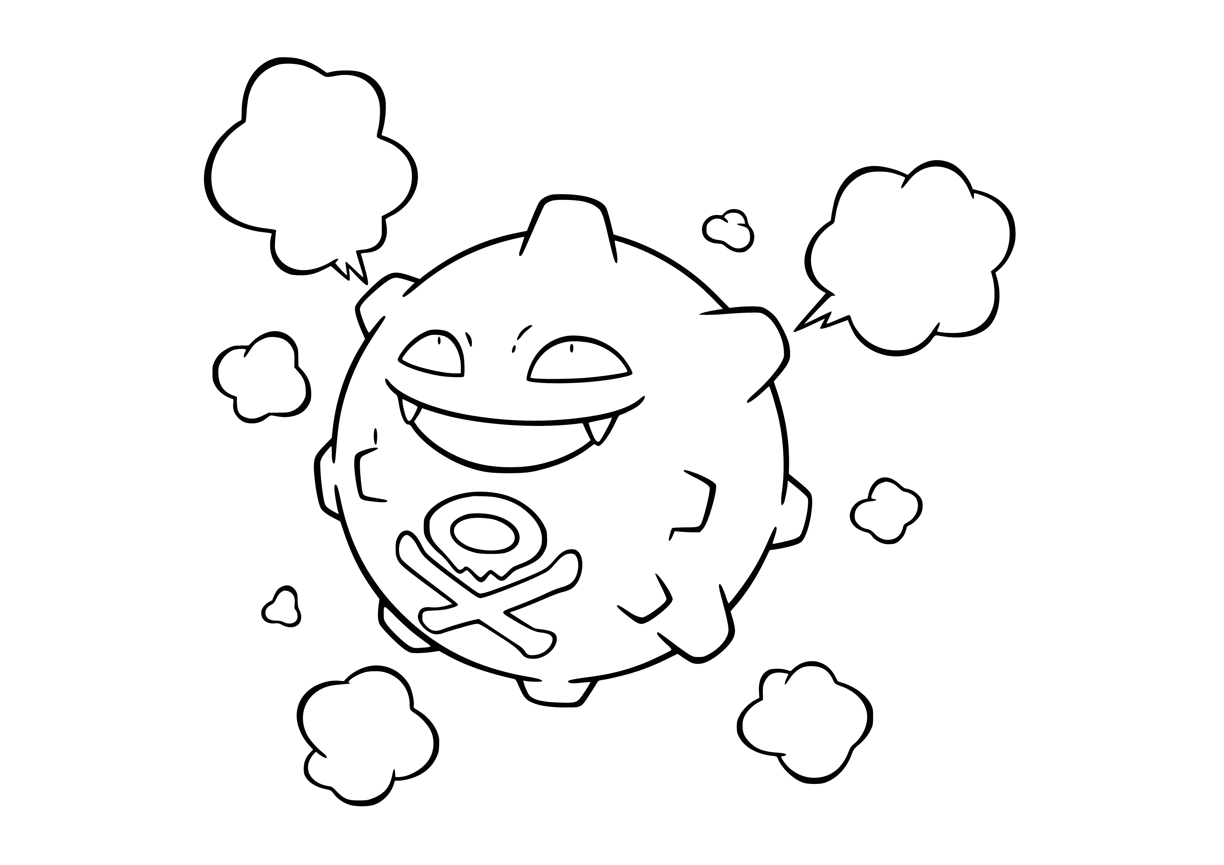 coloring page: Small, black Pokémon w/ orange eyes, mouth, back, legs, & clouds-shaped structures; open mouth reveals teeth.