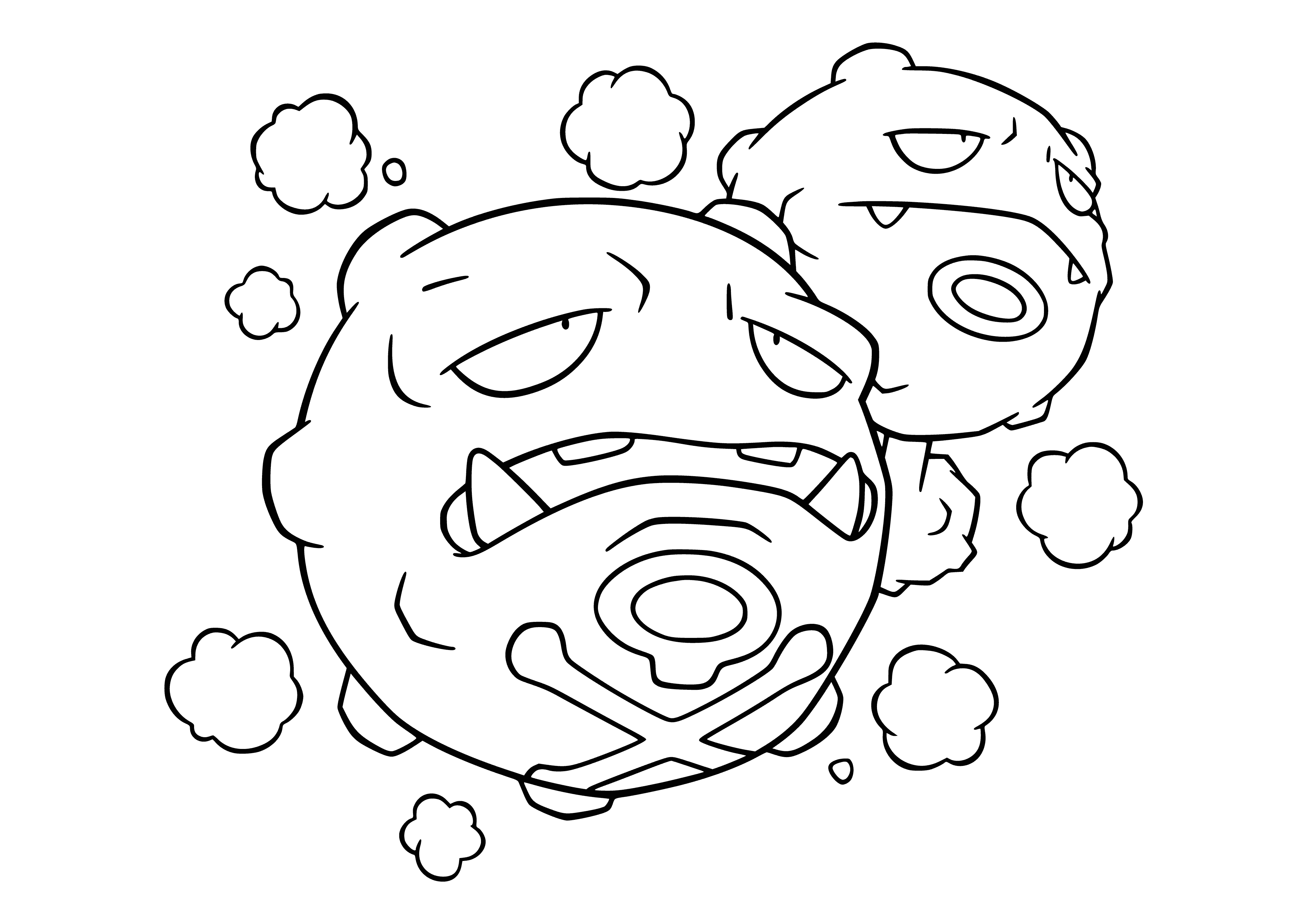 coloring page: Weezing is a large, round Pokémon with horns and a foul gas emit. Evolved form of Koffing; black & white; 2 eyes, large mouth, 4 legs & long tail.