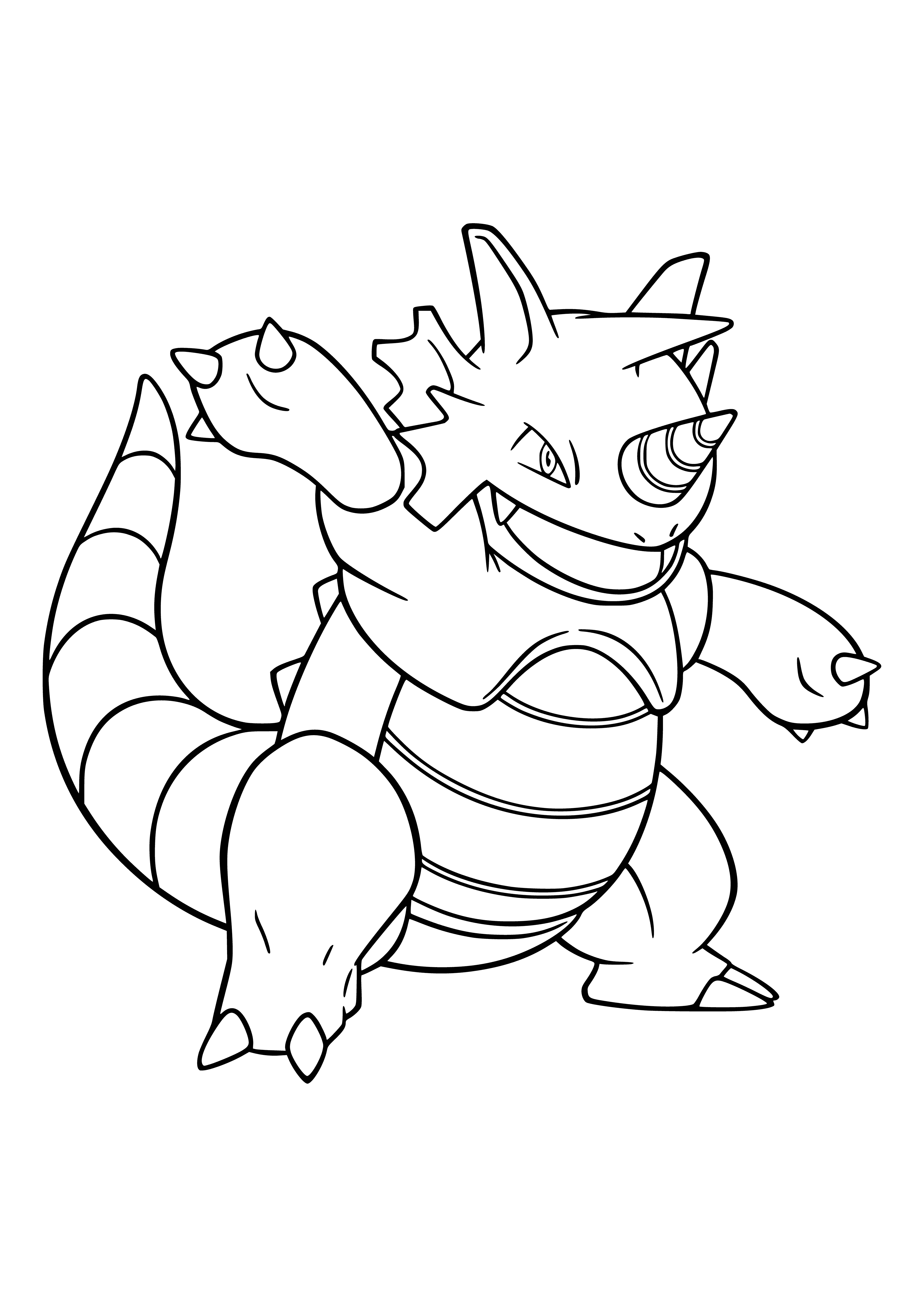 coloring page: Rajdon: Mass. poke w/tough hide, long tail, sharp claws, huge head, two horns, dark eyes, sharp teeth. Grey, dk saddl, lght face/belly.