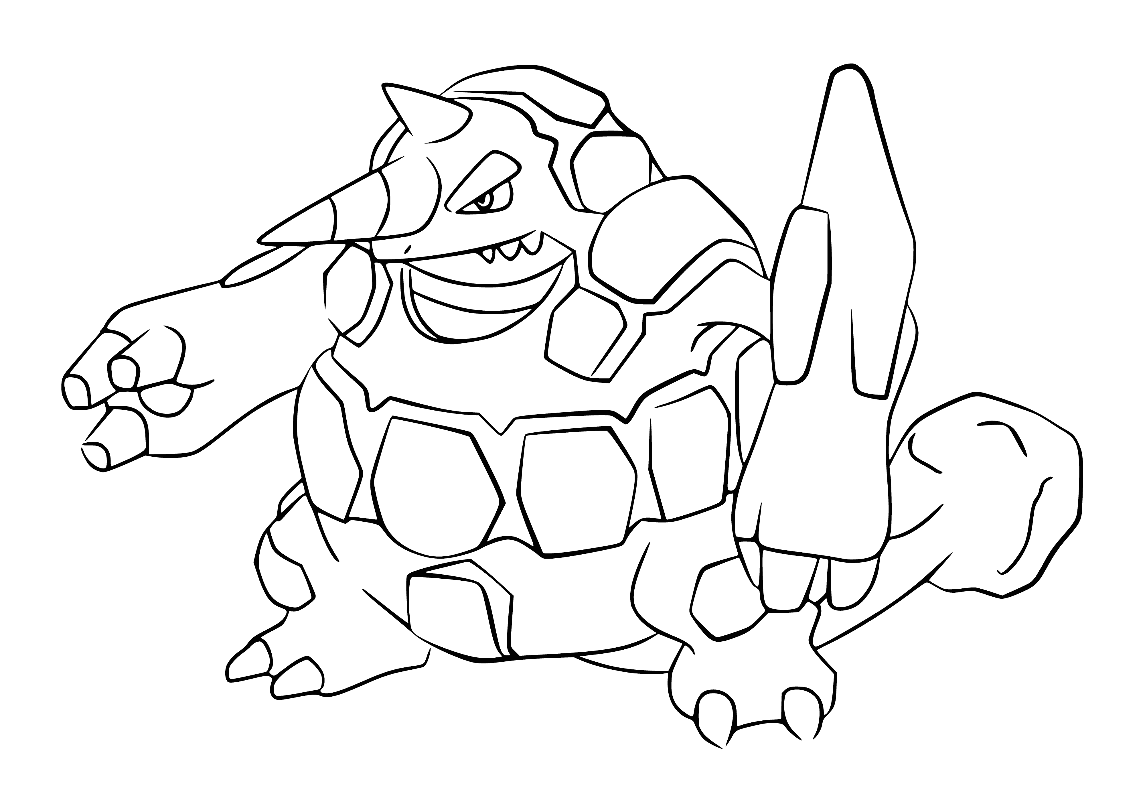 coloring page: Rajperior is a large, muscular Pokemon with a brown hide, white underbelly, two horns, a long tail, and four legs with three claws each. #Pokemon
