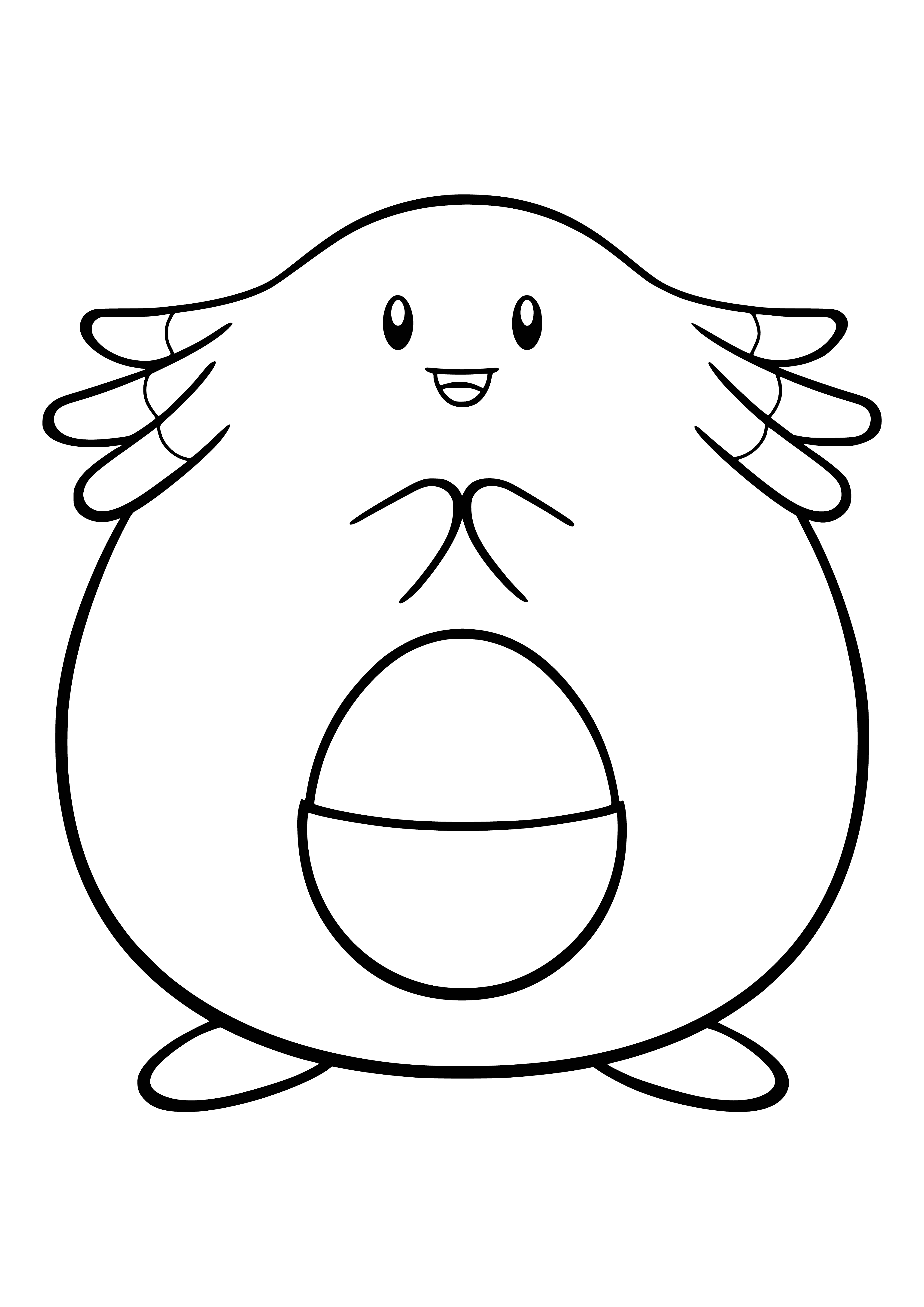 coloring page: A chubby pink Pokémon with a stubby beak and white tail. Has a round body and large egg-shaped stone on its belly. Short arms and legs.
