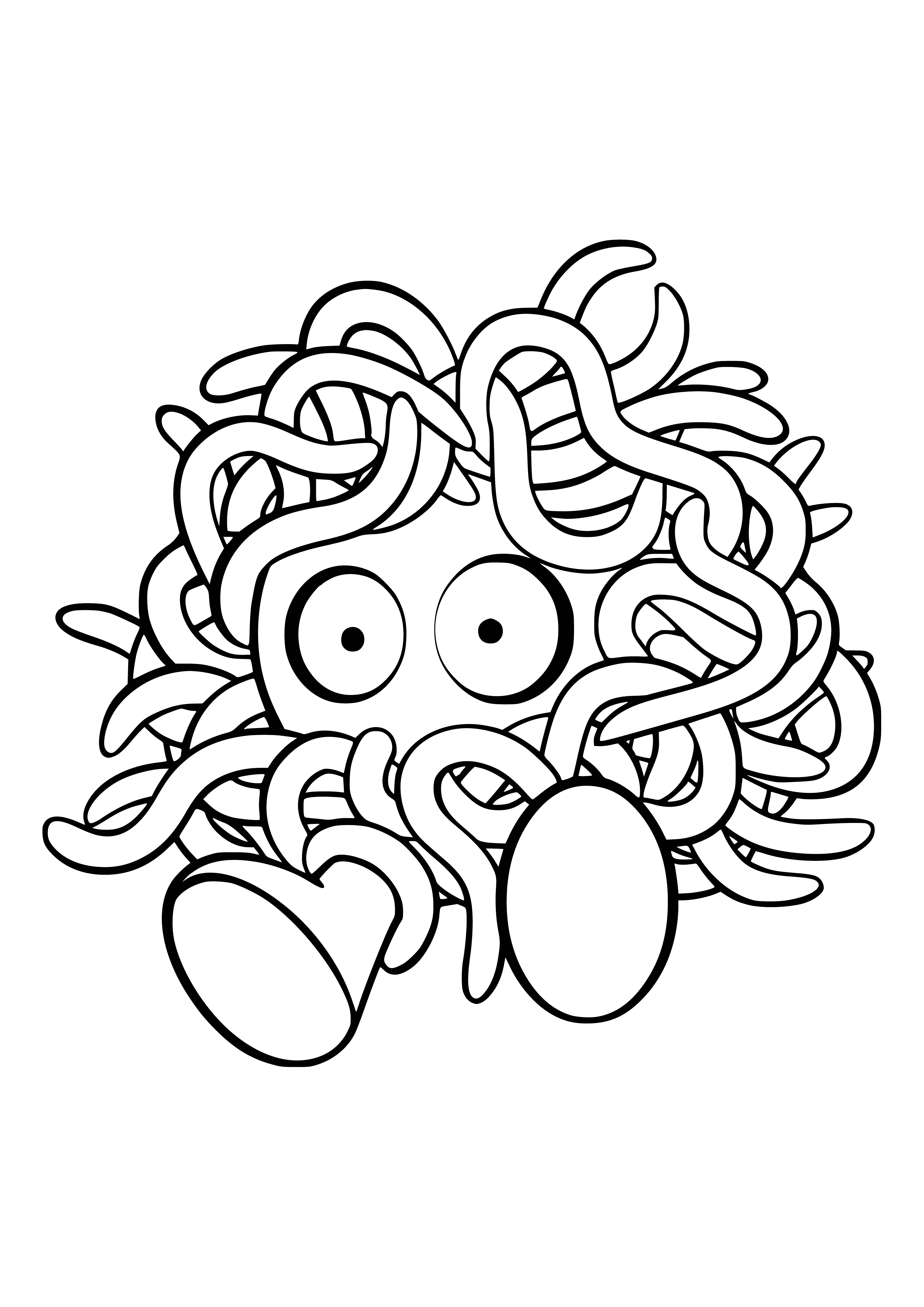 coloring page: Tangela is a peaceful, blue & amorphous Pokémon with prehensile vines that can create & strangle prey and emit a paralyzing fluid.