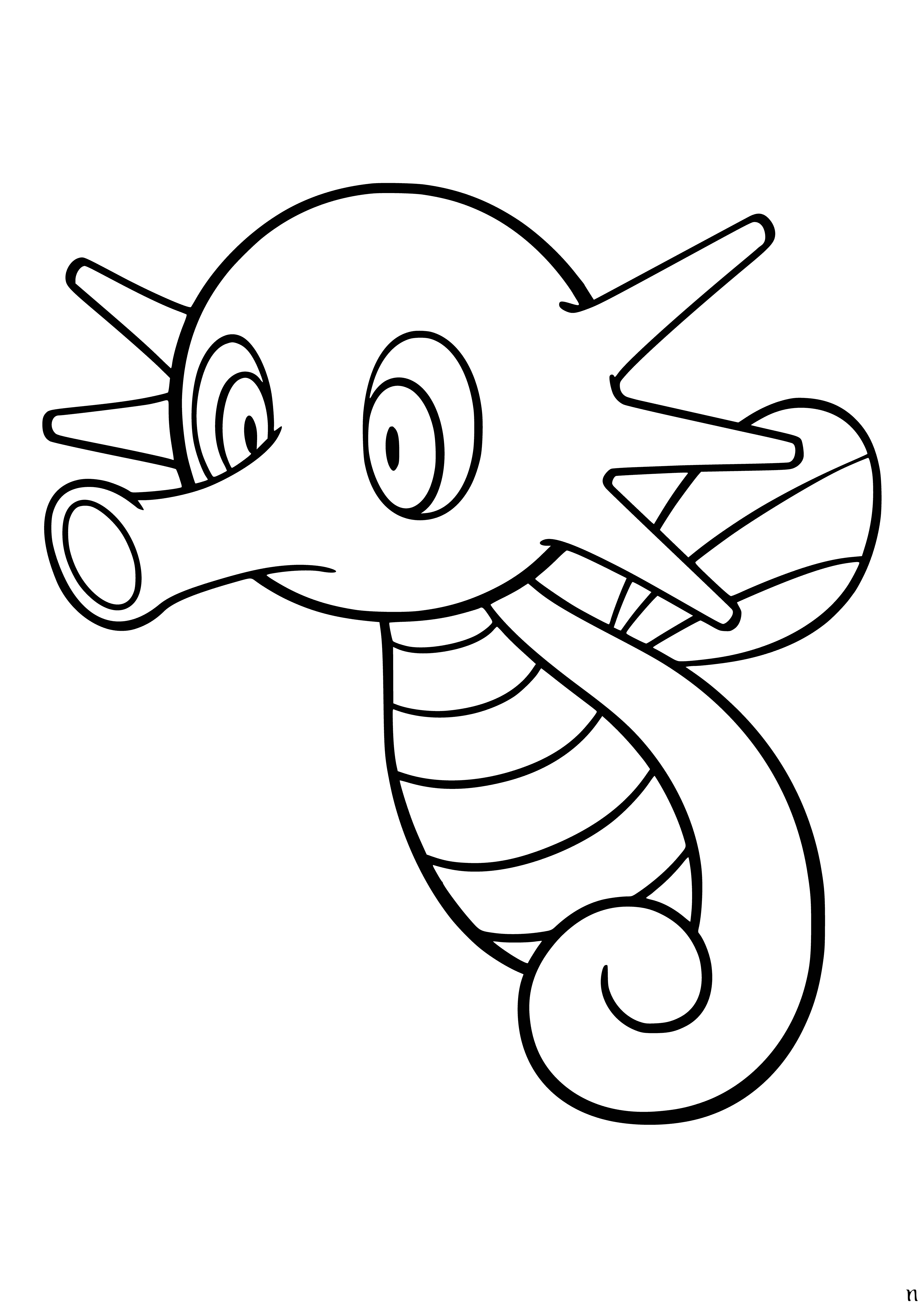 coloring page: Small blue Pokémon w/long snout & large eyes. Has white barbels & fin-like growth. Brown growth on back & long, thin webbed tail.