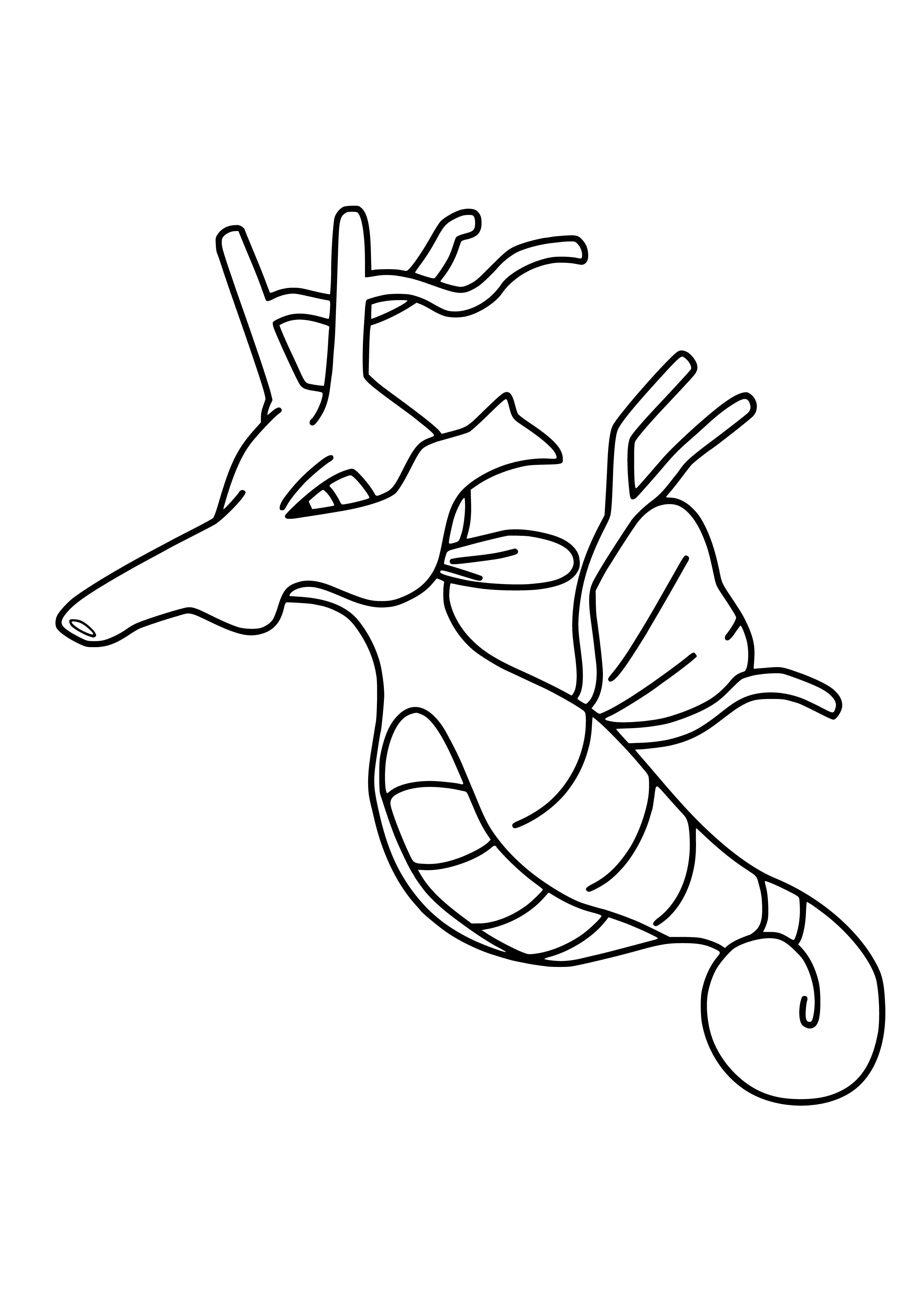 coloring page: Dragon Pokémon Kingdra evolves from Seadra, is blue & has a fin-crown & long neck. Fin-striped body helps it swim fast & strong.