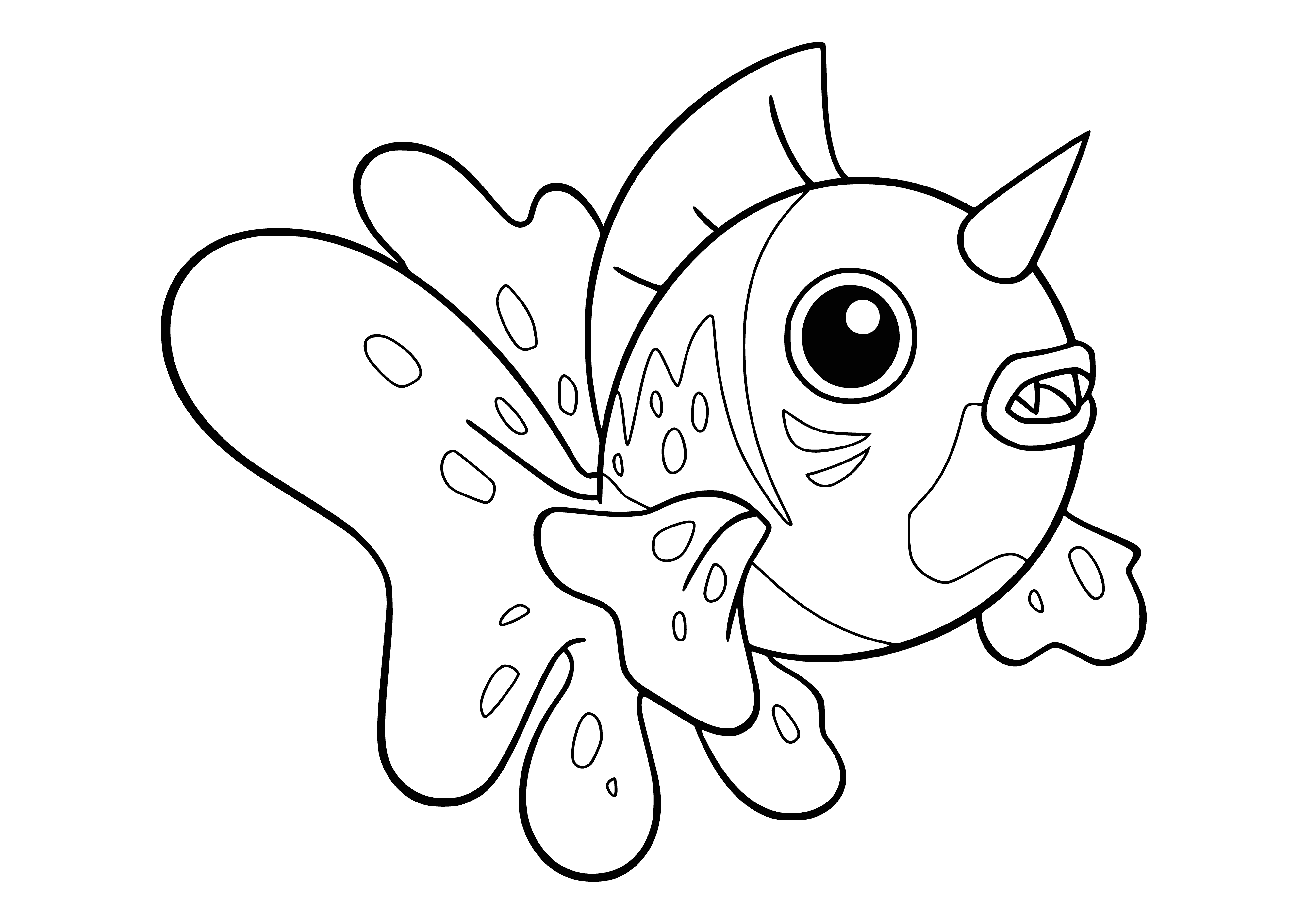 coloring page: An orange and white fish Pokémon with a bill-like snout, large fins, yellow horns, and a long streamer-like tail.