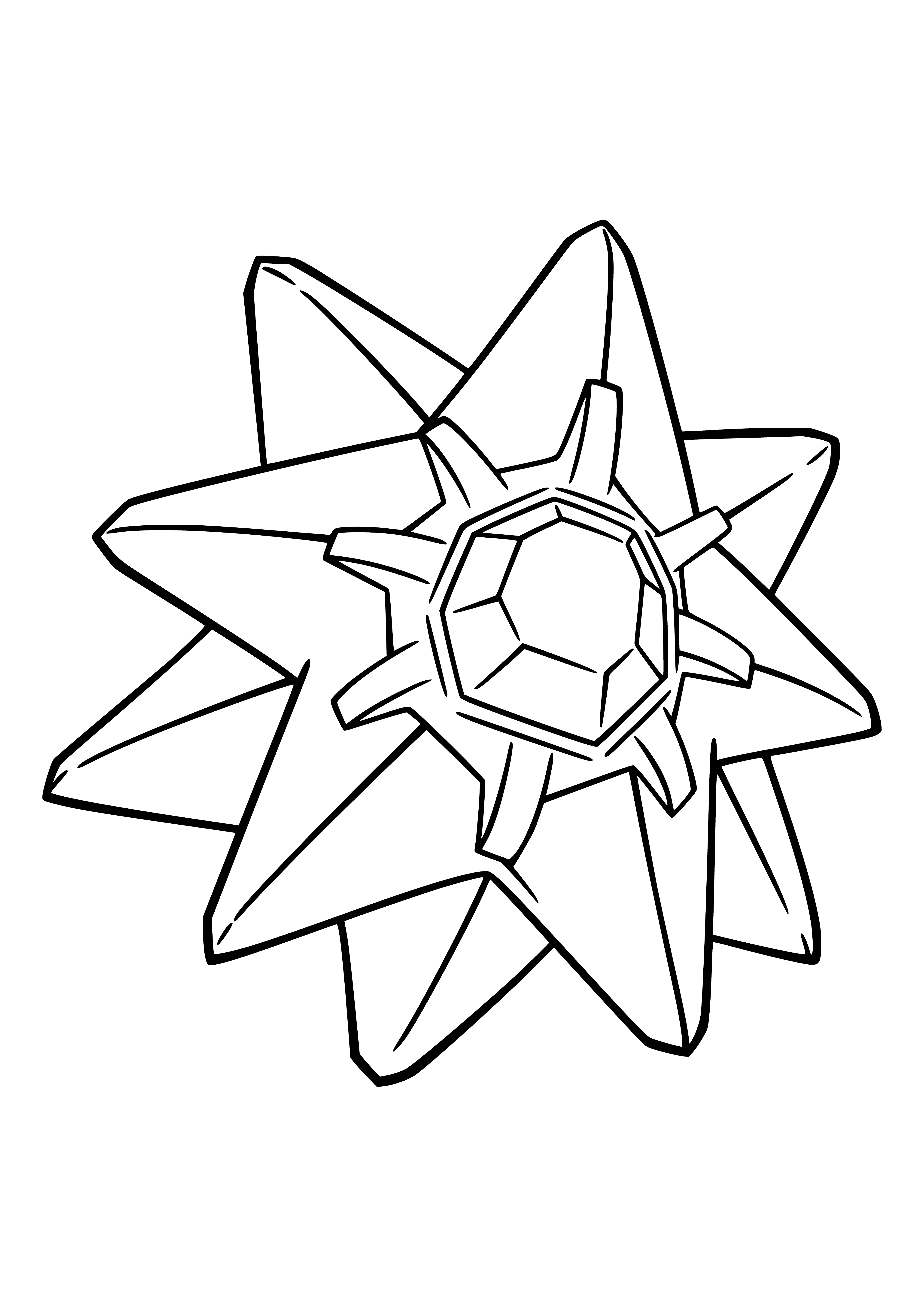 coloring page: Star-shaped Pokemon Starmie has a blue upper body, pink lower body & red gem. It has two eyes & five pointy extensions.
