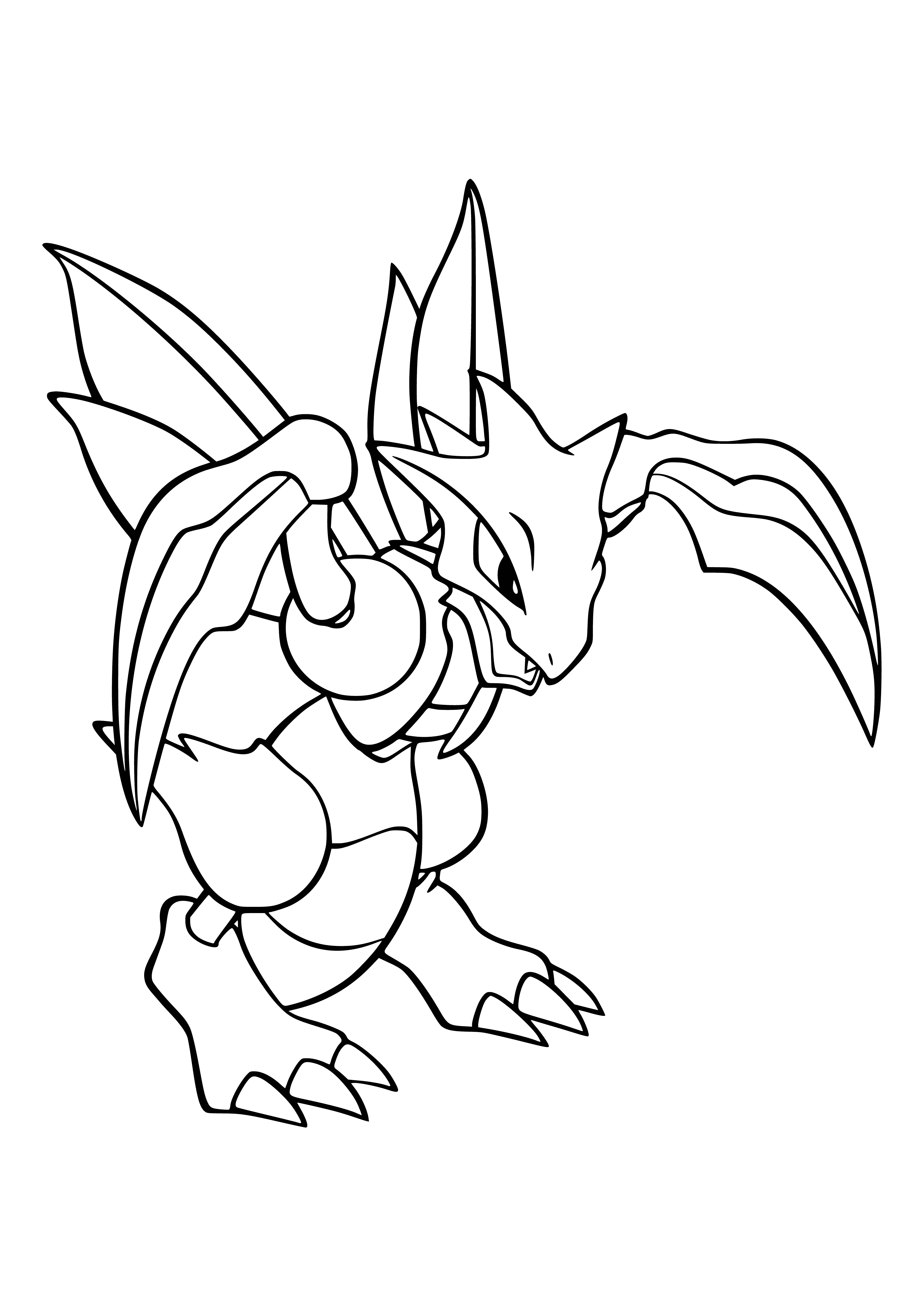 coloring page: Scyther, large predator Pokemon, is quick and agile. Has brown wings, scythe-like blades, green skin, and yellow eyes.