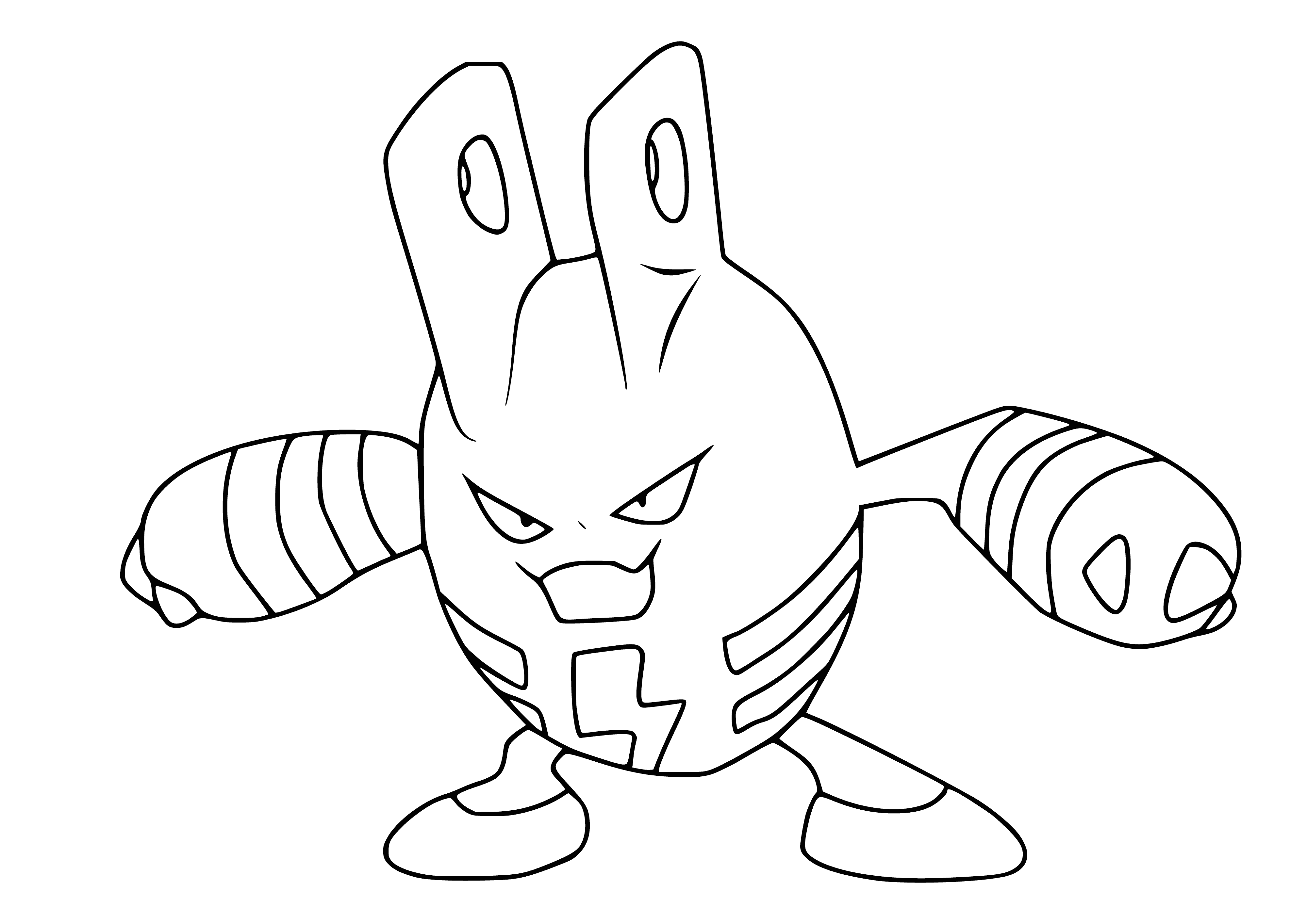 coloring page: Elekid is a small yellow Pokémon with black stripes, big eyes, thin arms + legs, & small hands + feet.