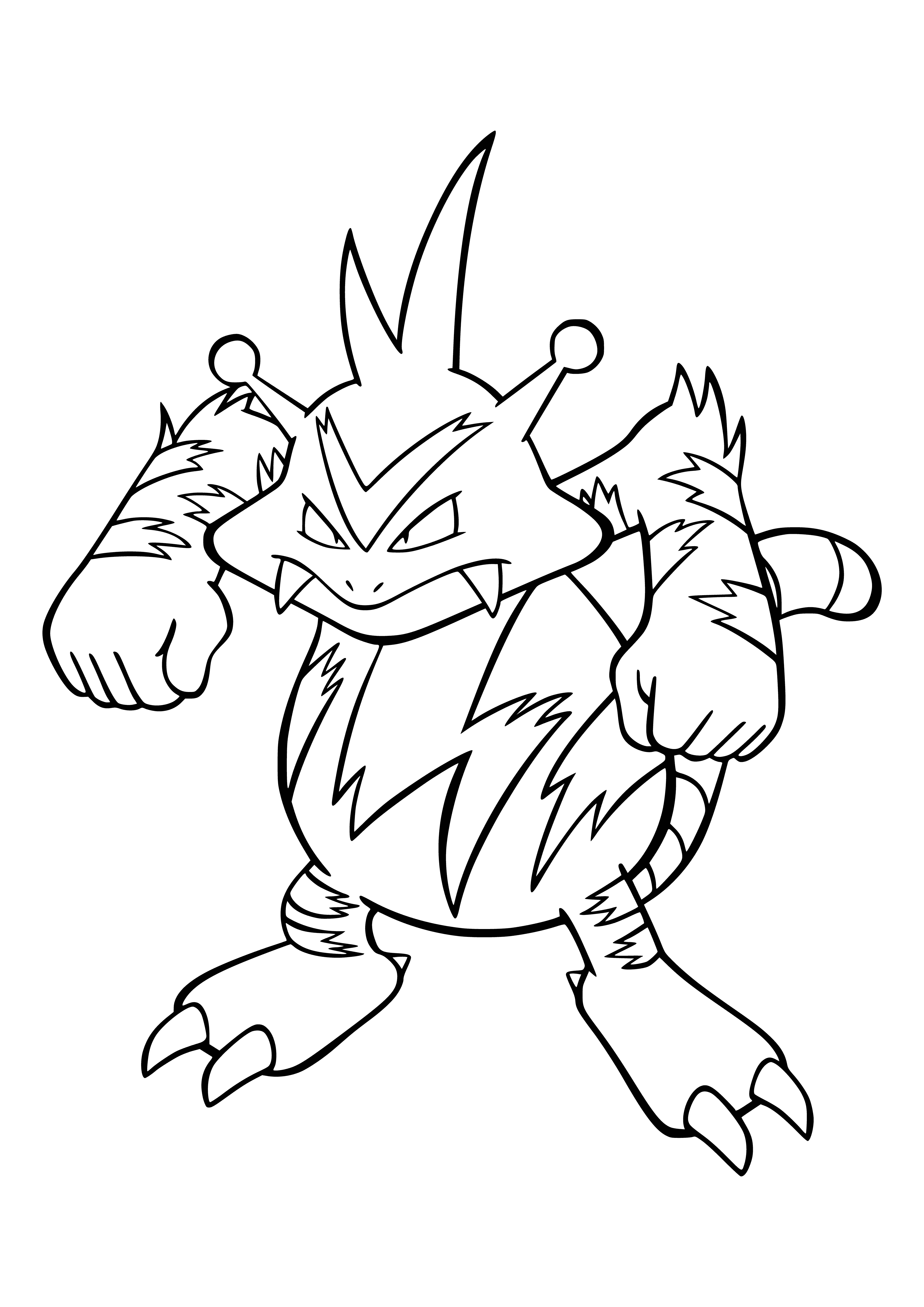 coloring page: Yellow electric Pokemon w/ long tail & black zigzag pattern, black stripe, black bands on arms, red eyes, red pincers.