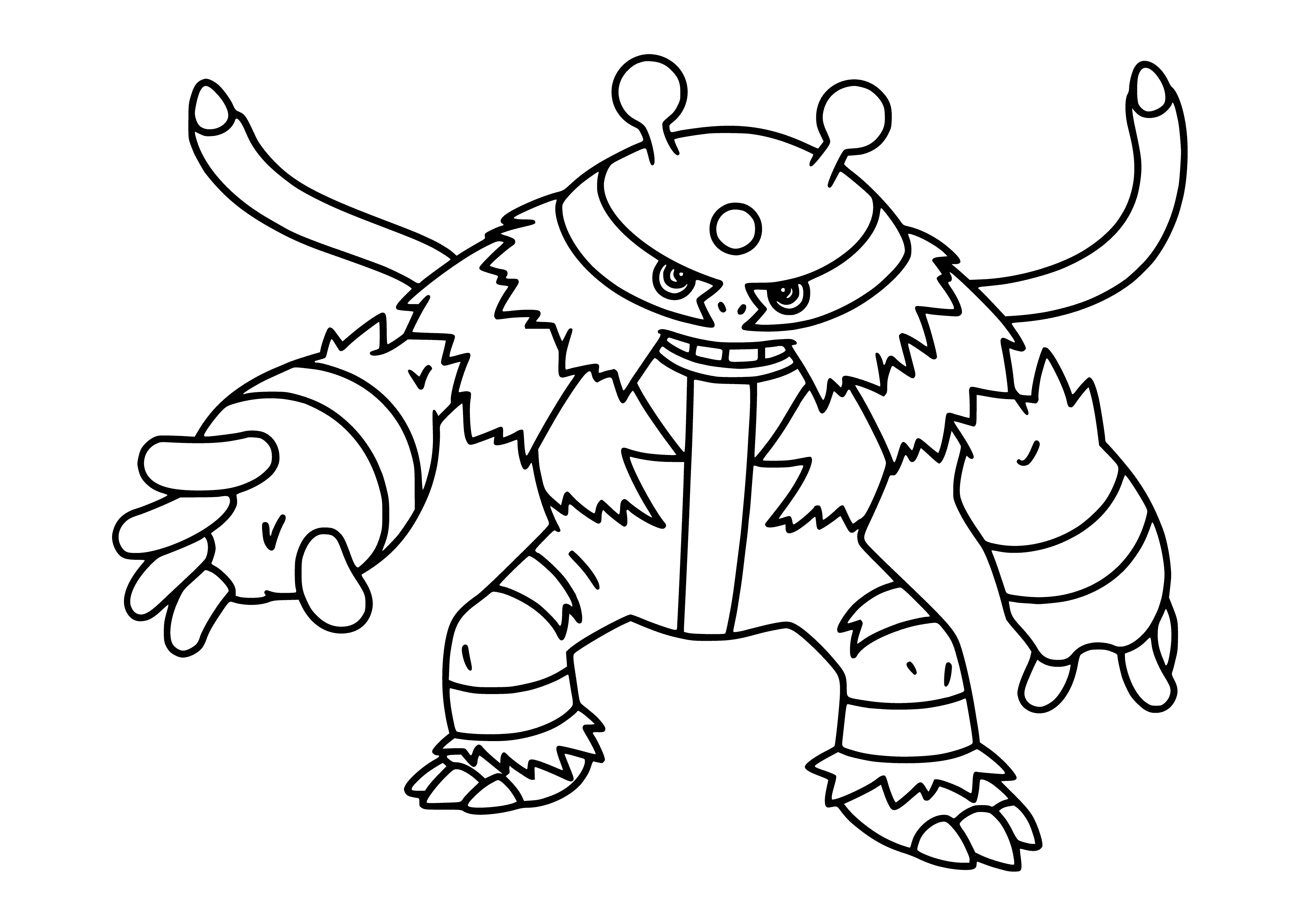 coloring page: Orange & yellow Pokémon with muscular arms & legs, 3 claws on hands, yellow eyes with black pupils, & long tail.