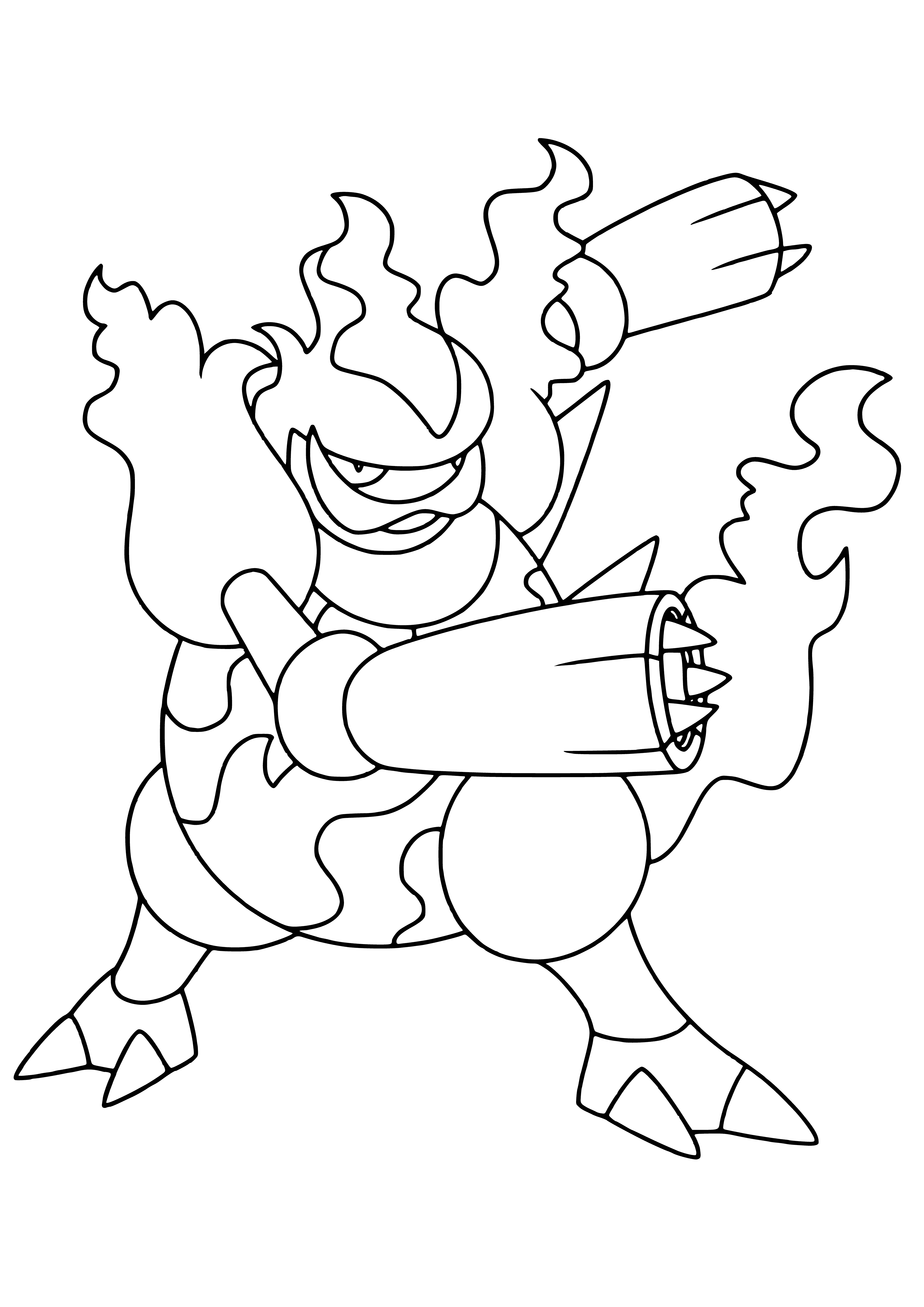 coloring page: Magmortar is a large, blue & orange, humanoid Pokémon with a red-toothed mouth & orange stripe down its back; evolved from Magmar.