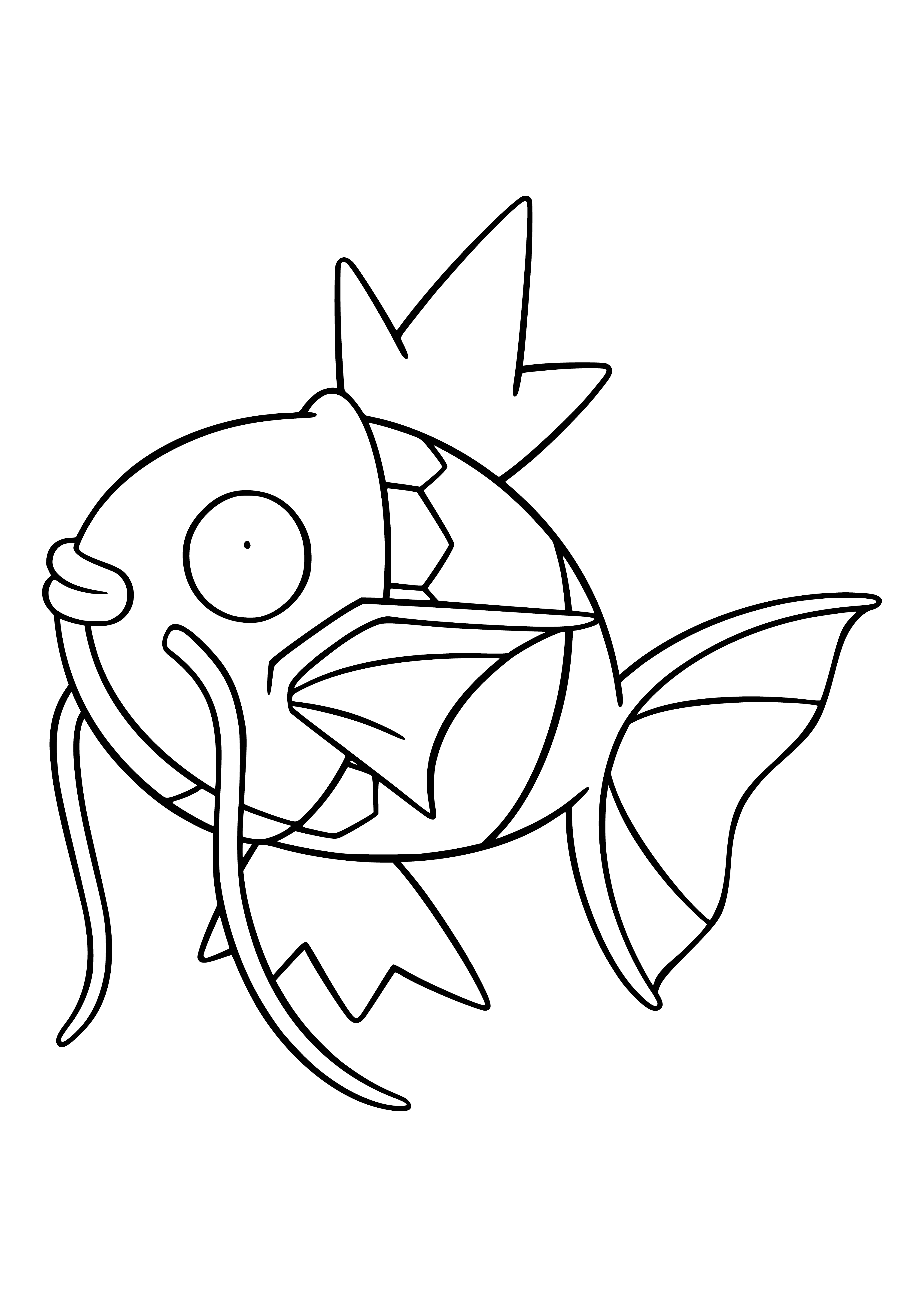 coloring page: Small, orange fish with 4 white spots, long tail fin; Magikarp appears weak and helpless - often seen flailing in the water.