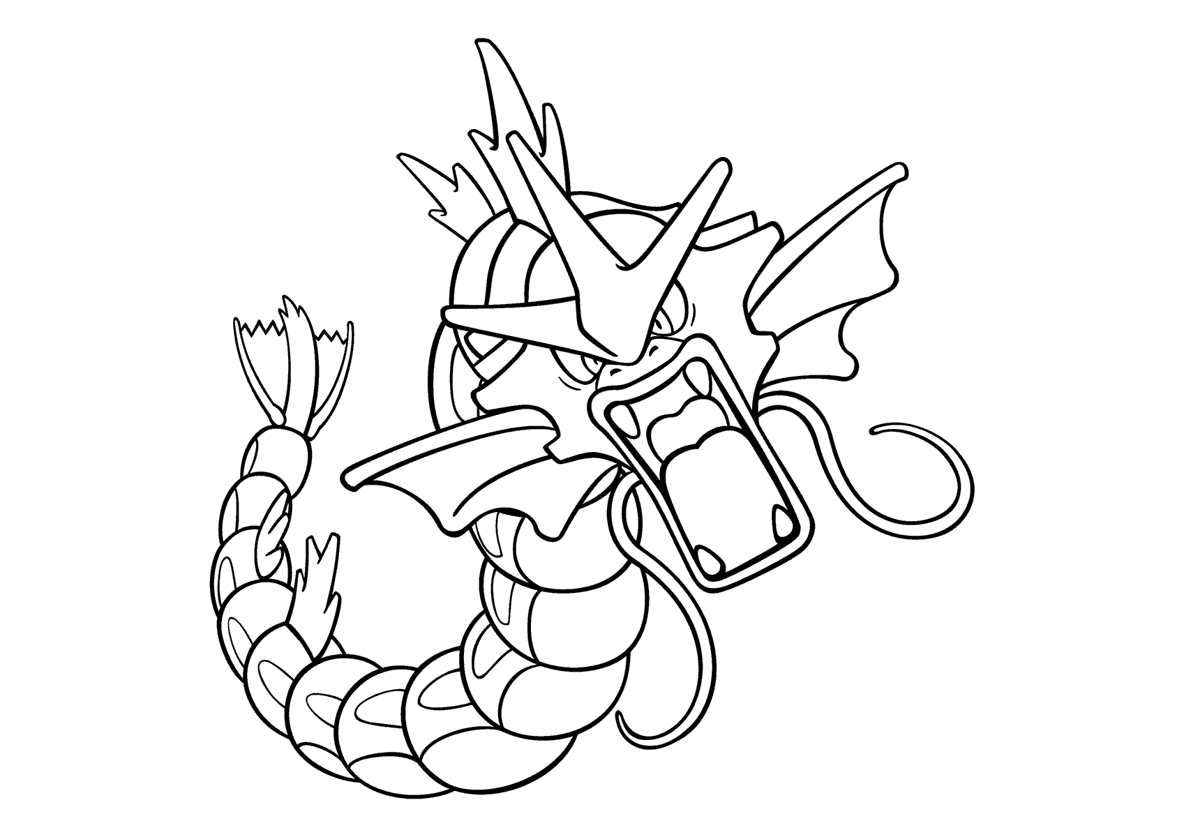 coloring page: Big, dragon-like Pokémon w/long billowing fins, snaky body, sharp teeth & red eyes.