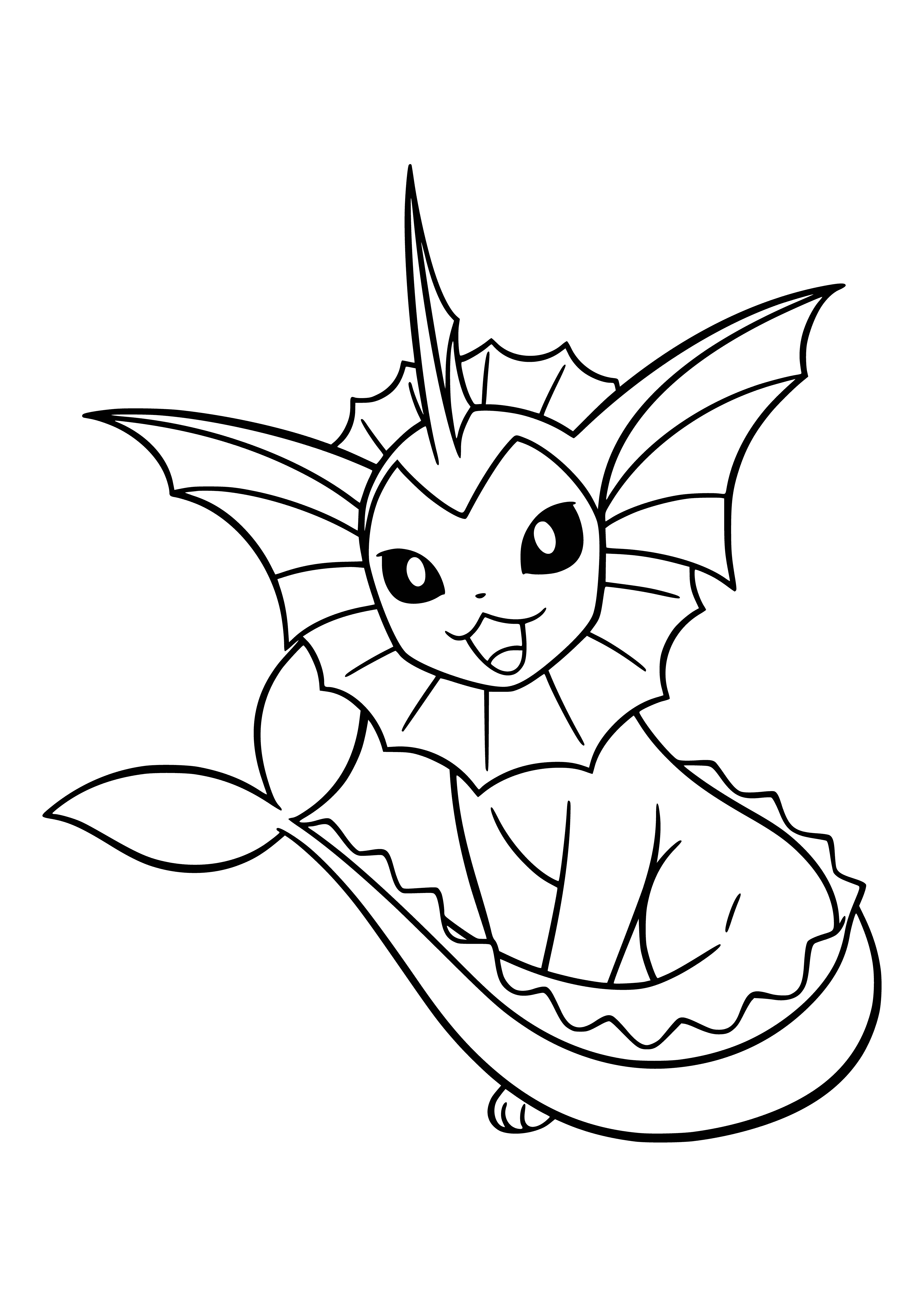 coloring page: Vaporeon is a blue water Pokemon. Slim body, round head & long ears, two black fins on back & two thin fins on sides.