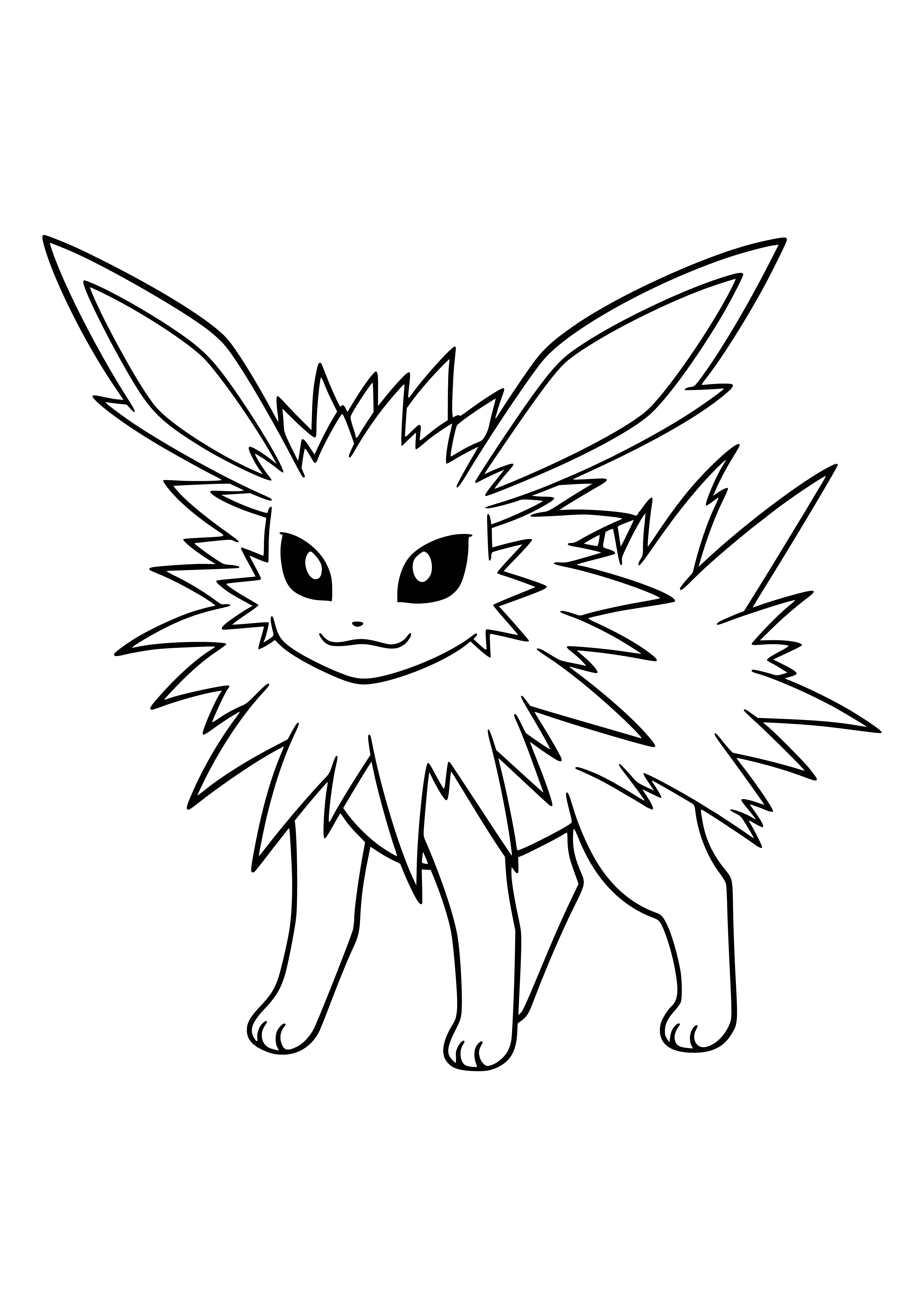 coloring page: Jolteon is a slim, yellow Pokemon with long, pointed ears and a tuft of white fur. It can generate strong electrical charges and is commonly used for defense.