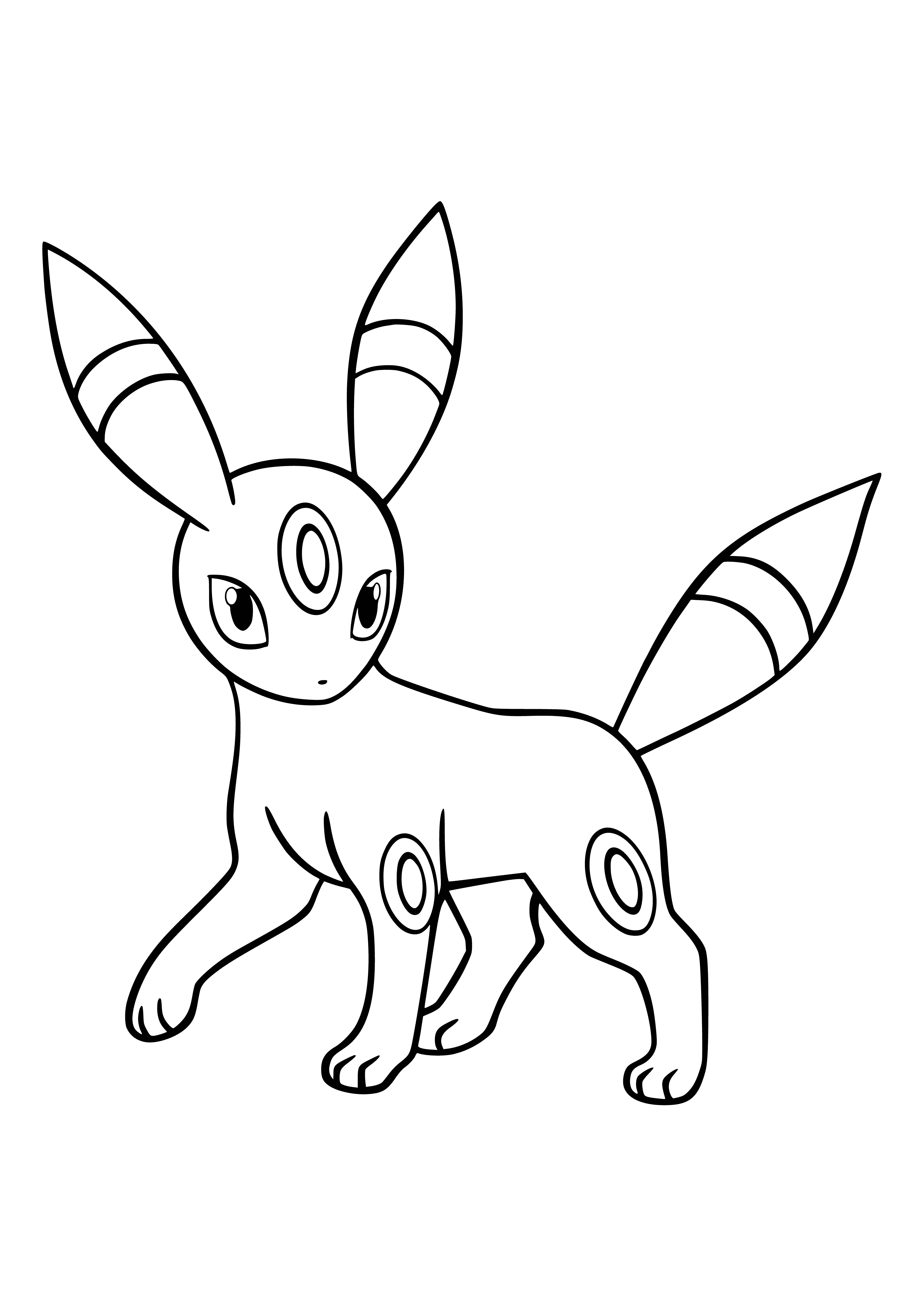 coloring page: Umbreon is a dark-type Pokémon evoking fear w/ long claws & eerie glowing rings. Evolves from Eevee when exposed to a Moon Stone.