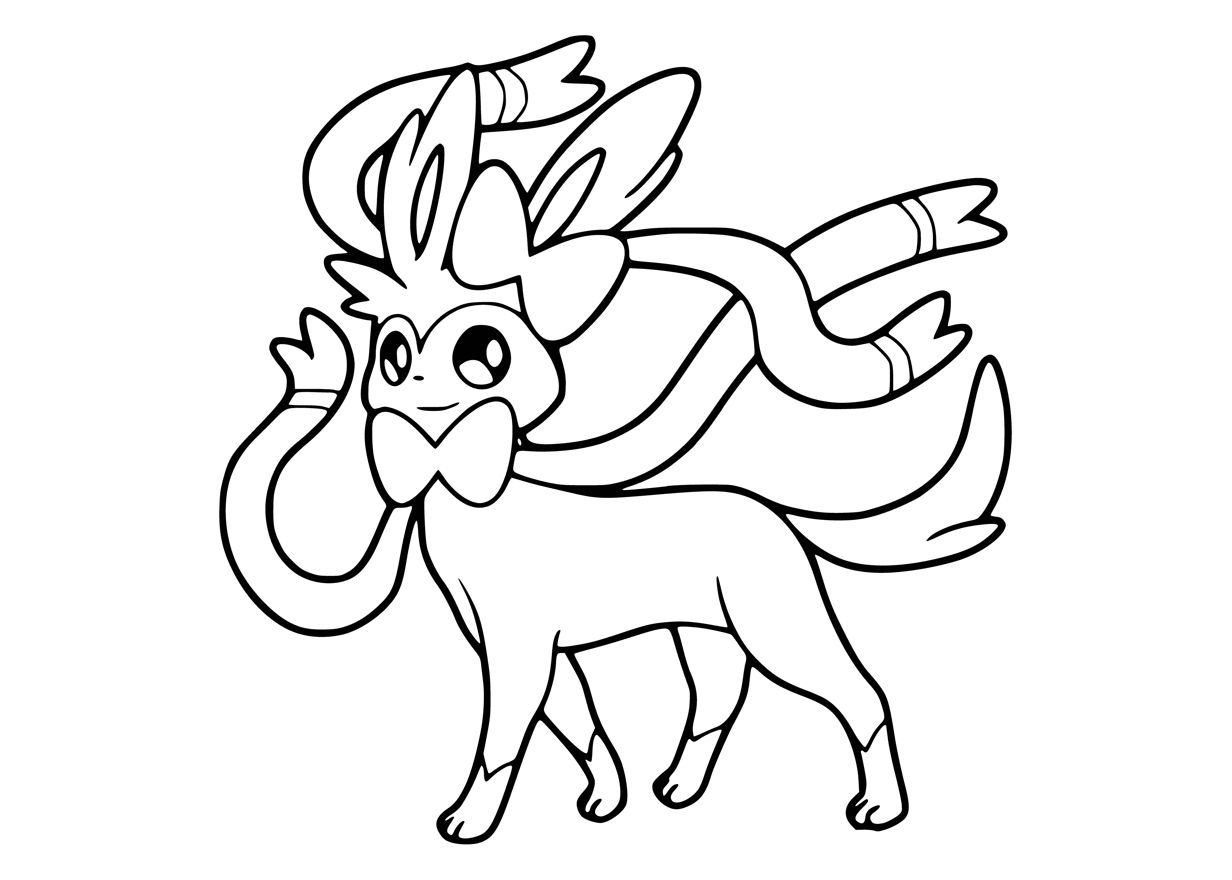coloring page: Sylveon is an evolution of Eevee, with big eyes, blue fur and 6 furry tails. Has small head and long neck topped with a pink bow.