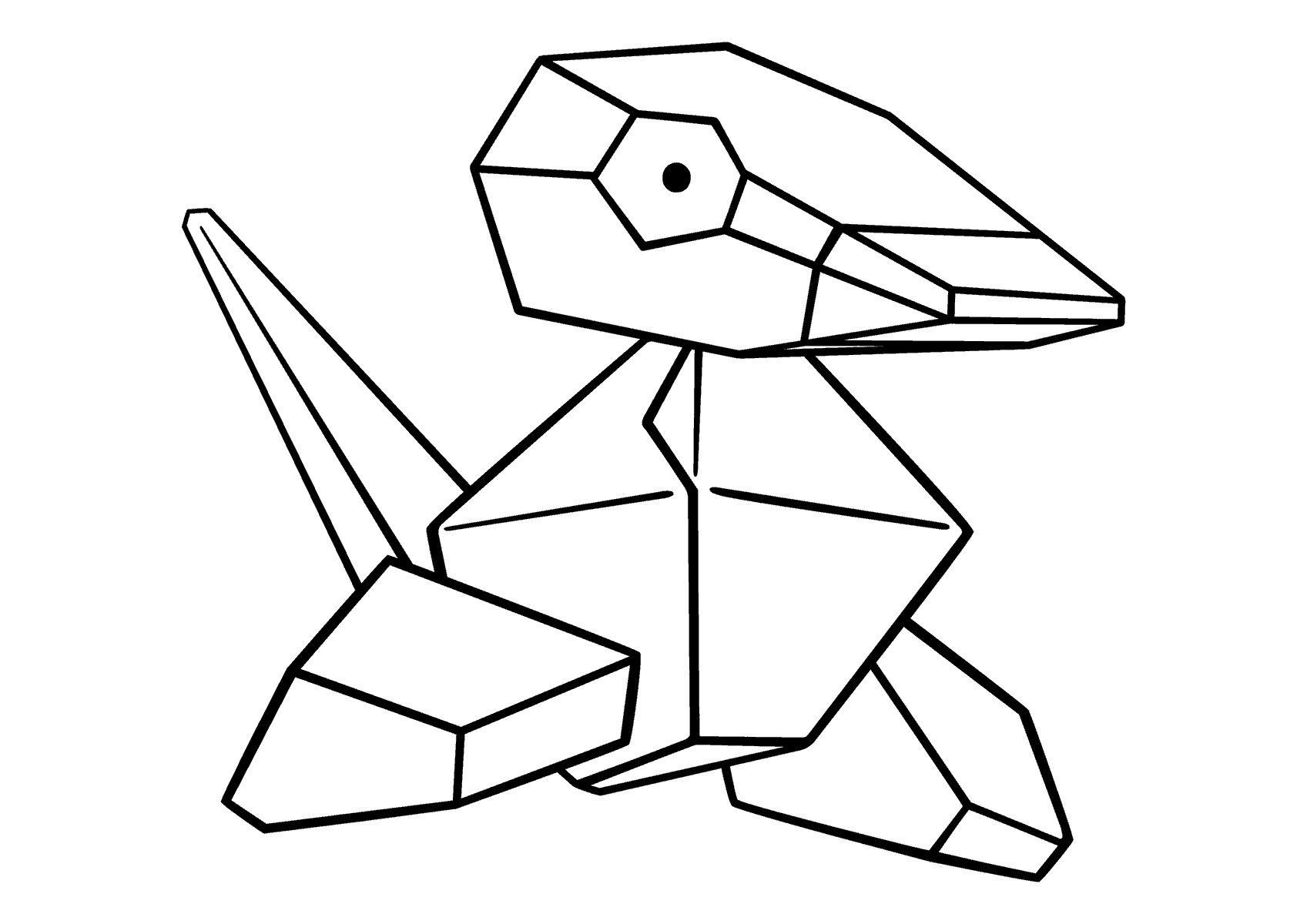 coloring page: Porygon is a unique Pokémon made of code- able to enter cyberspace & revert itself entirely back to data. Green, oval body with a pink lower half, blue head & red eyes, its arms & legs are pink with black pads.