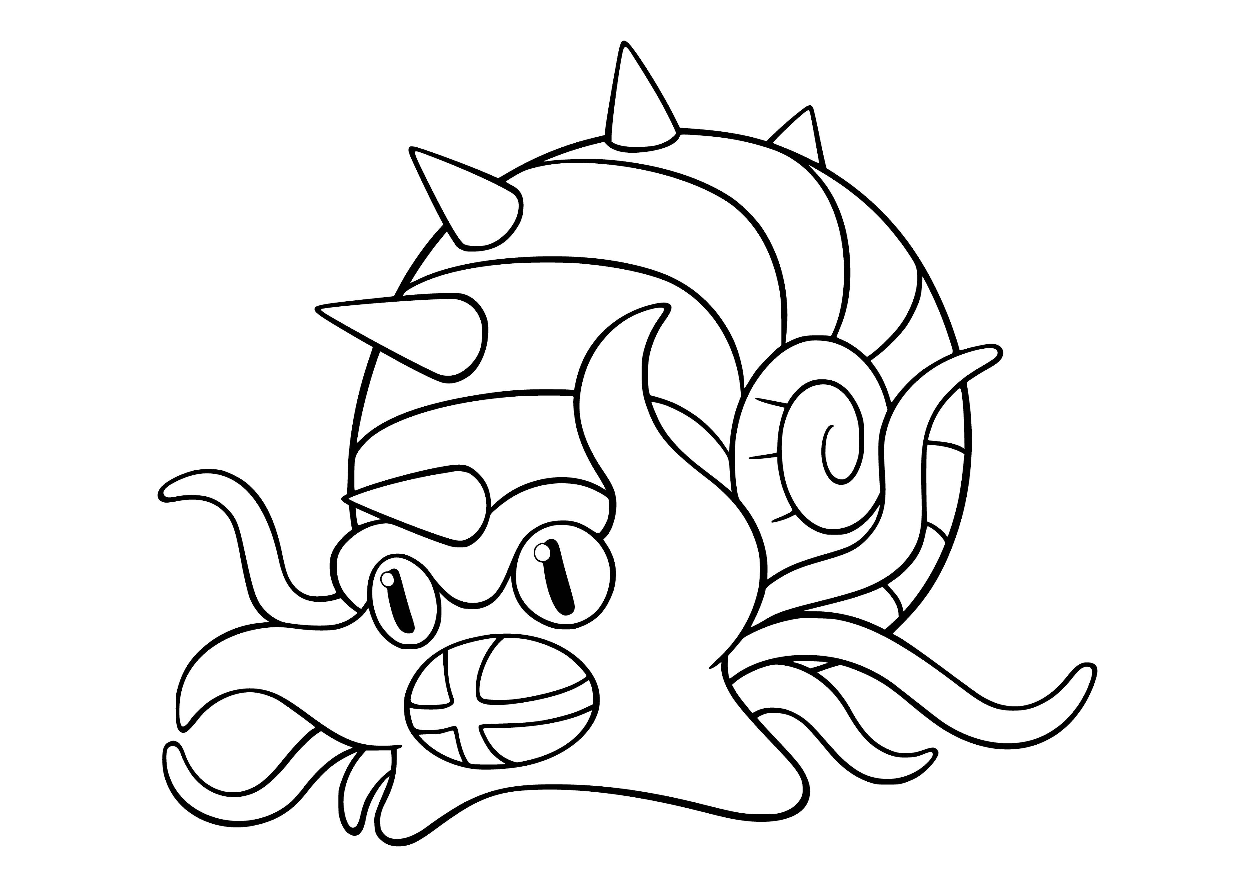 coloring page: Omastar is a blue-shelled Pokemon with four tentacles, a small mouth and red eyes.