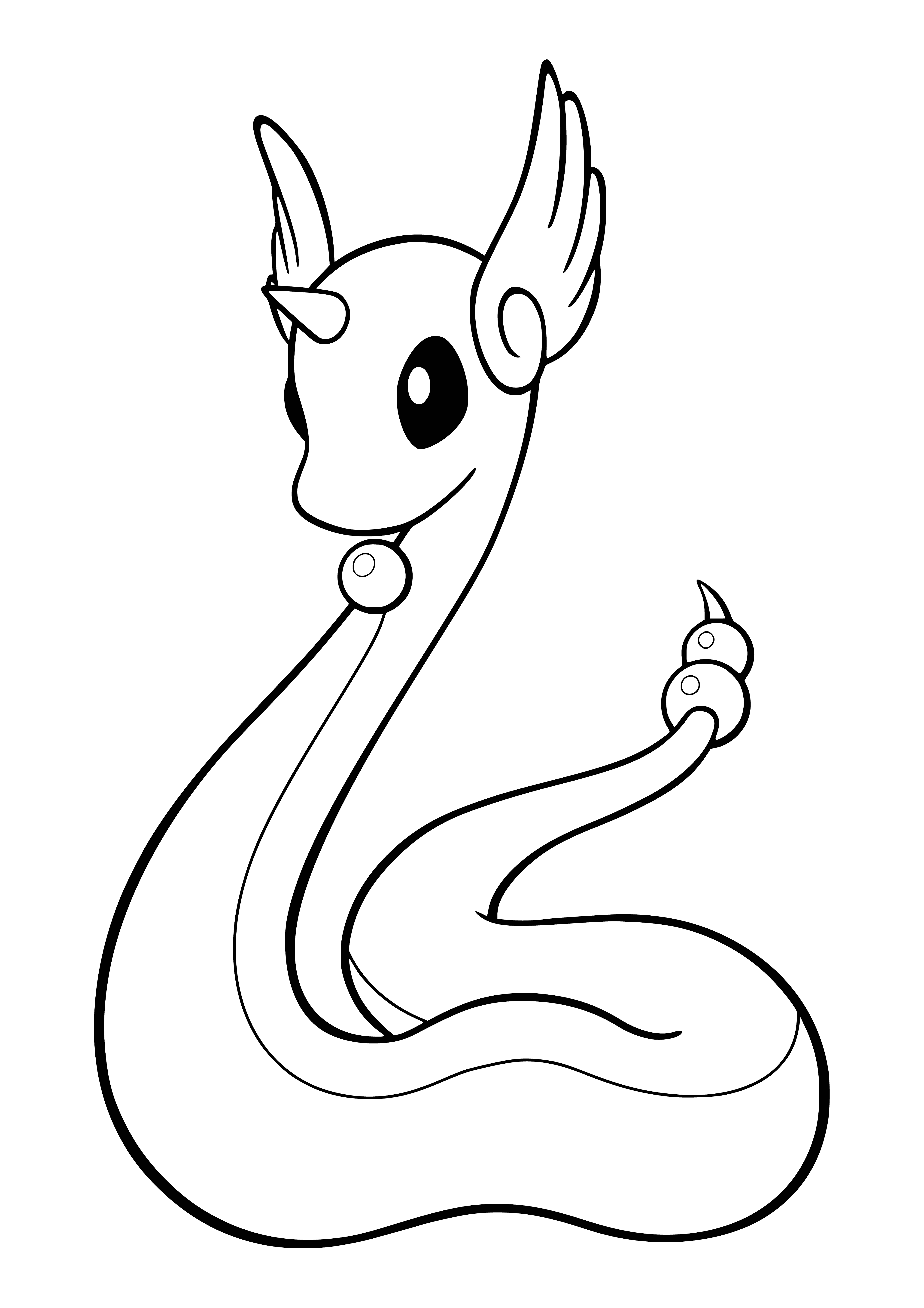coloring page: Long, thin blue Pokemon with glossy scales, billowing white mane, and a small white horn. Eyes are blue with white pupils.