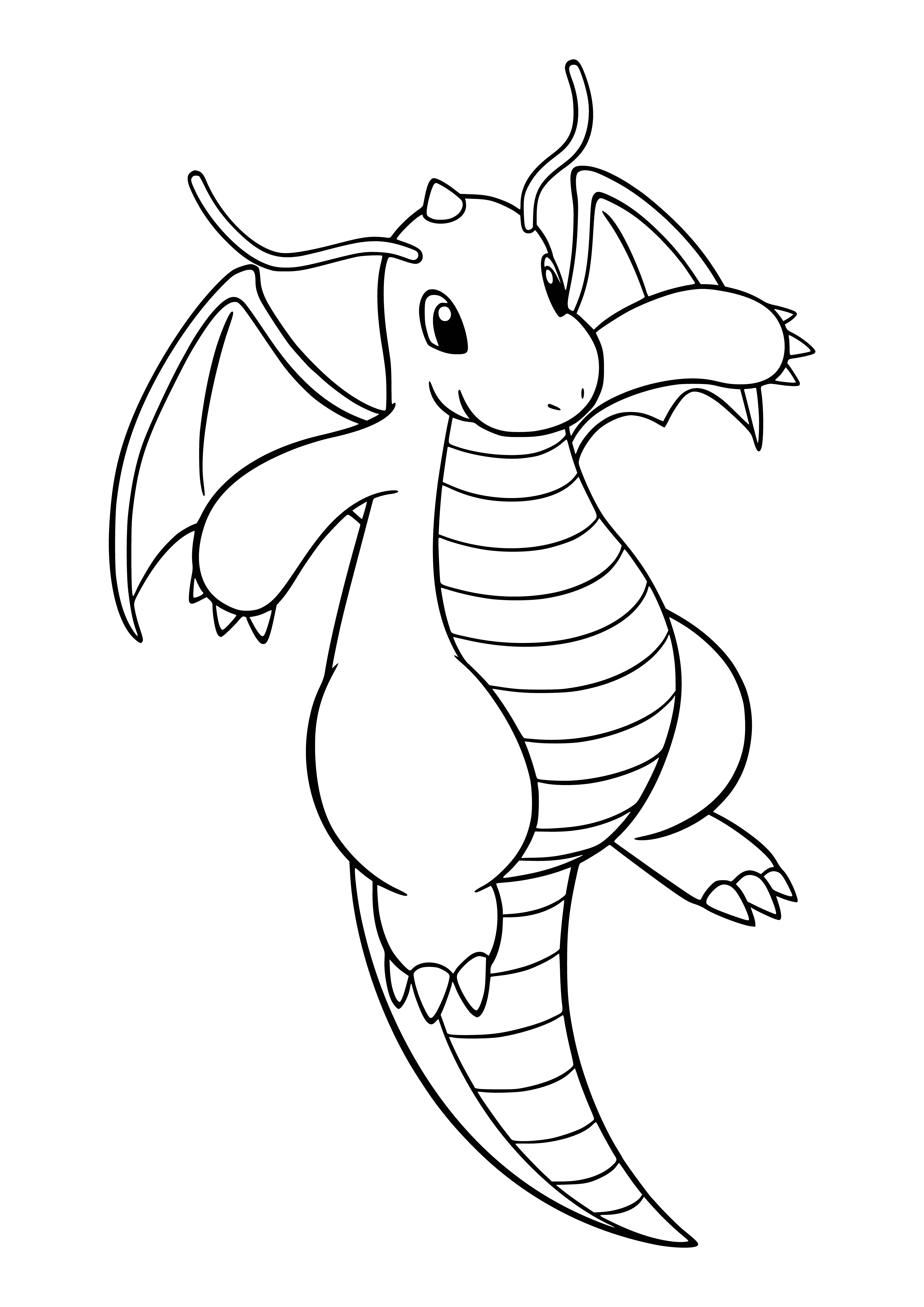 coloring page: Dragonite is a large, bipedal reptilian Pokemon w/drago wings, green skin, yellow belly, blue eyes, white wings w/blue spots, and small horns.