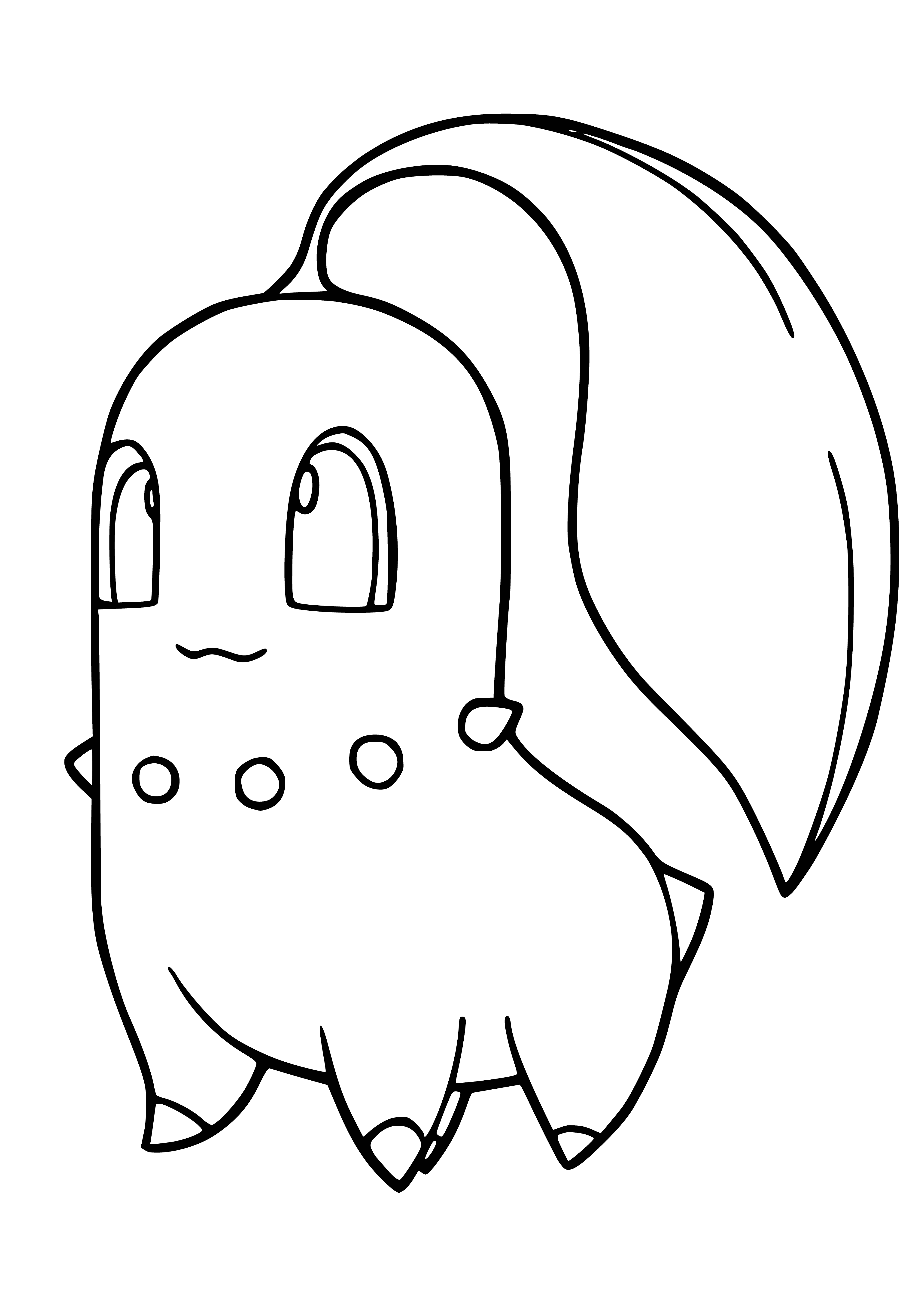 coloring page: Creature has blue body, black eyes & horns, open mouth, long neck & thin tail.