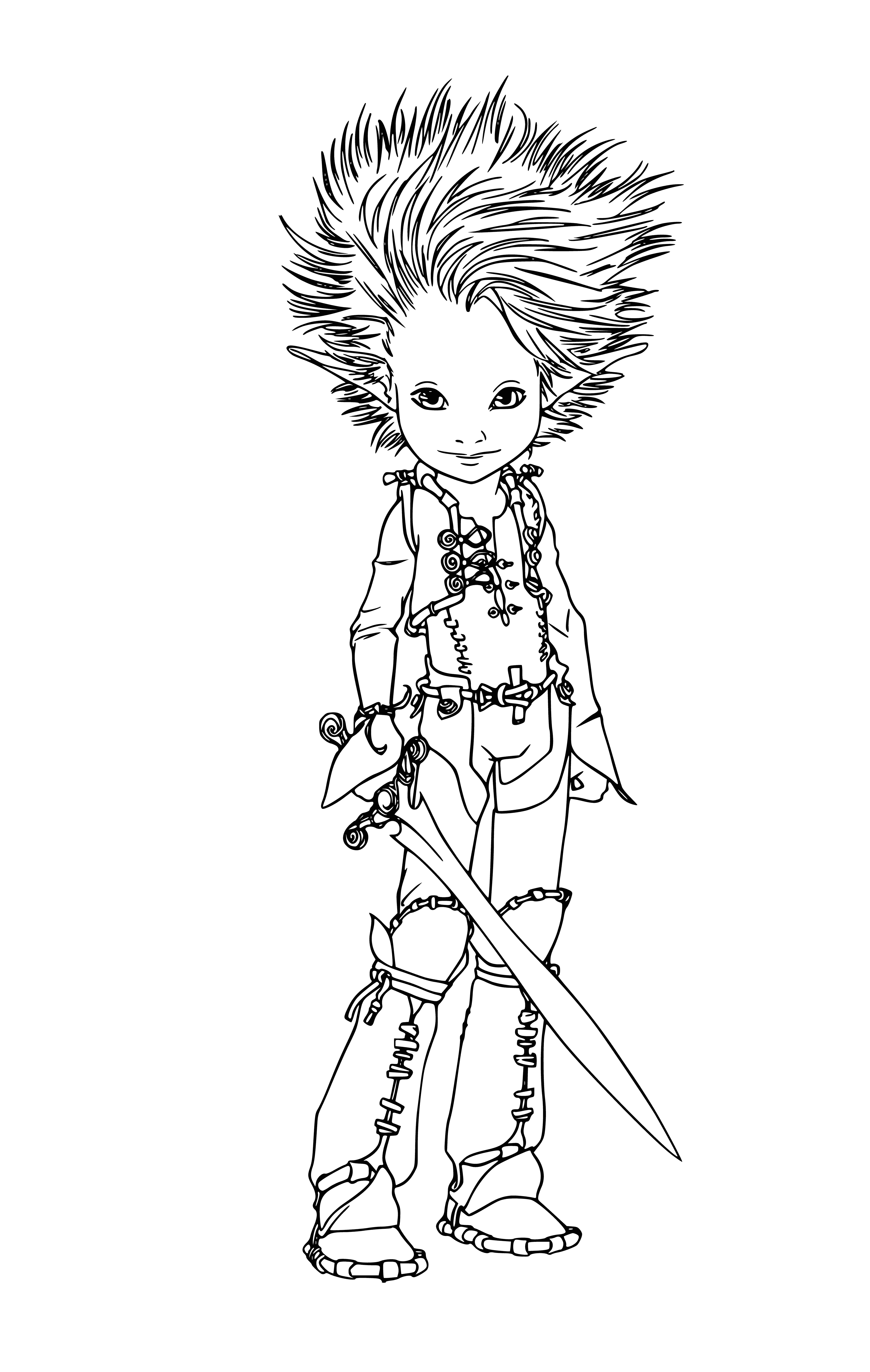 coloring page: Young Arthur ready to fight: blue shirt, brown pants, sword in hand, serious look.